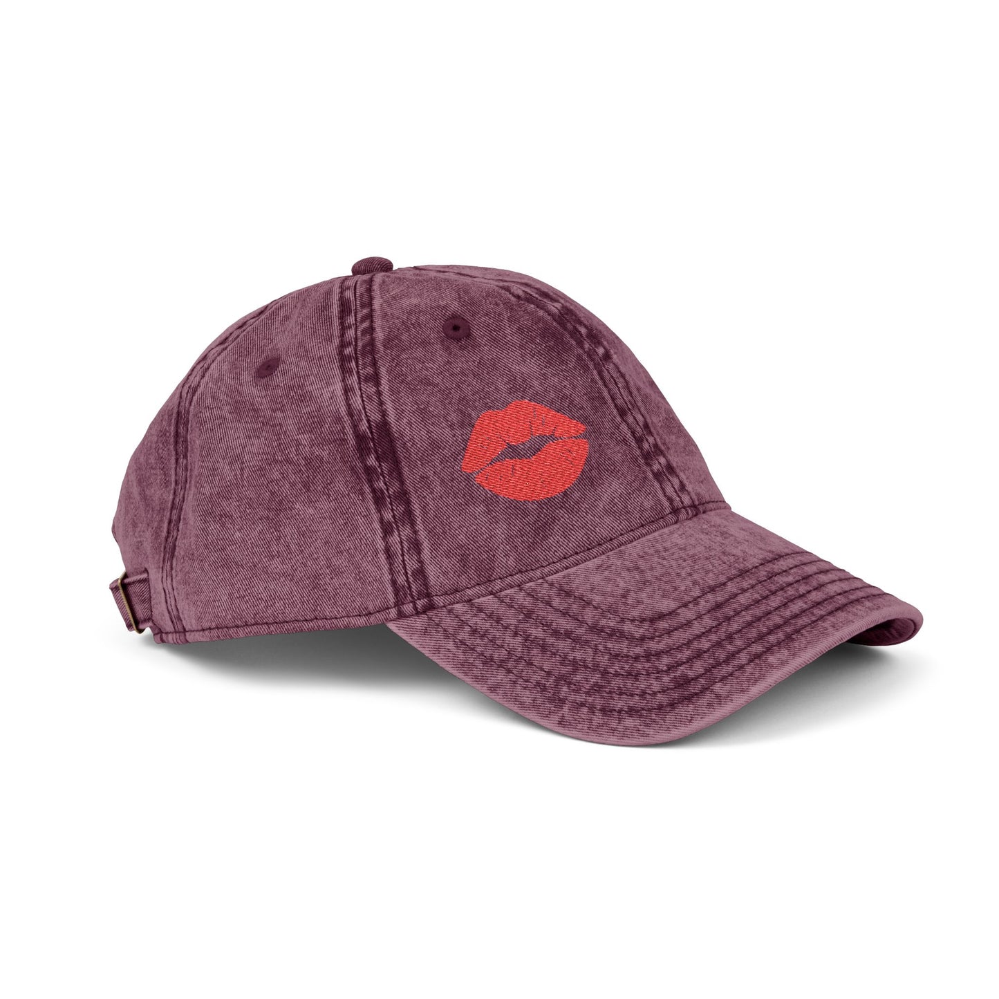 Red Lips Vintage Hat – Bold Embroidered Kiss Hat for Flirty, Fun Style