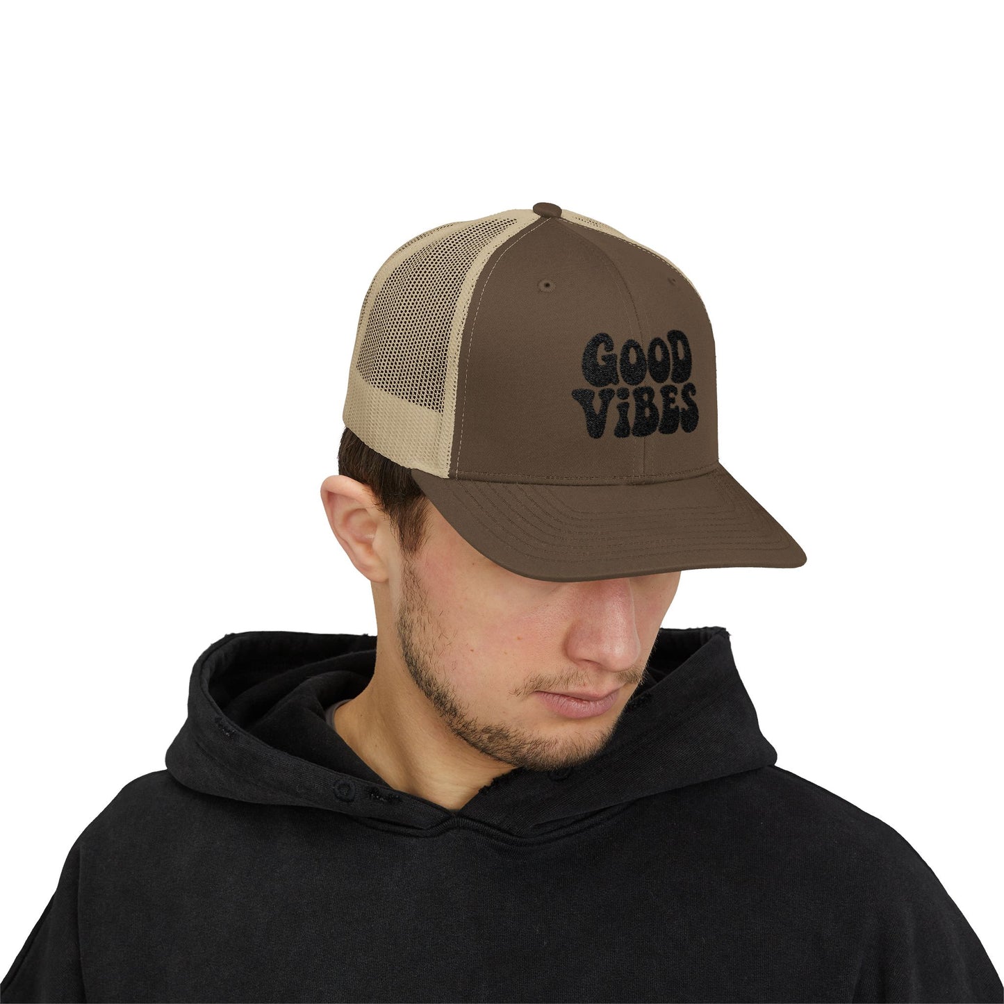 Good Vibes Trucker Hat – Embroidered Retro Text Hat for Positive Vibes, Chill Style, and Everyday Feel-Good Energy. Black Letters