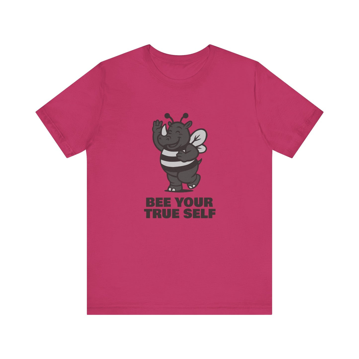 Bee Your True Self T-Shirt – Dark Theme Grayscale Rhino in Bee Costume on Black Tee with Wholesome Humor and Self-Expression Message. Unisex Jersey Short Sleeve Tee