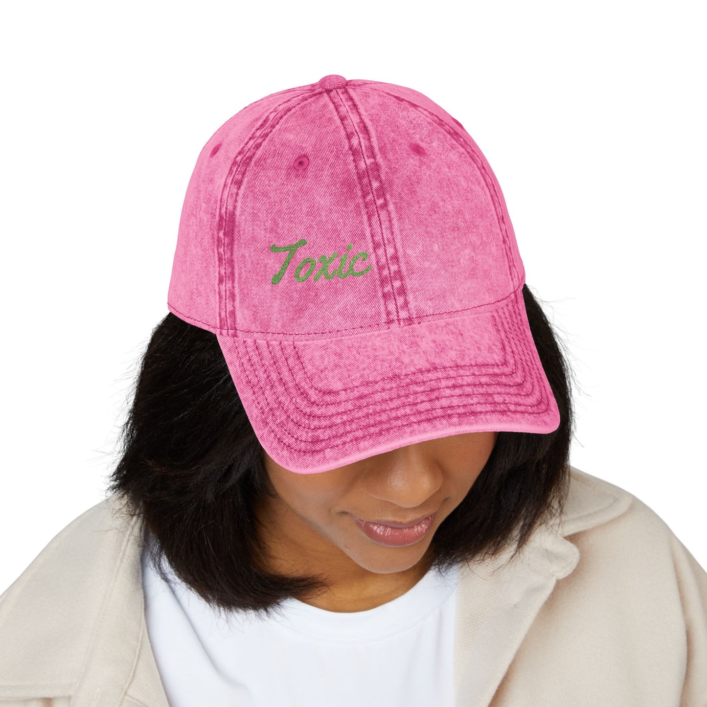 Toxic Vintage Hat – Embroidered Green Script Hat for Ironic Vibes and Bold Personality