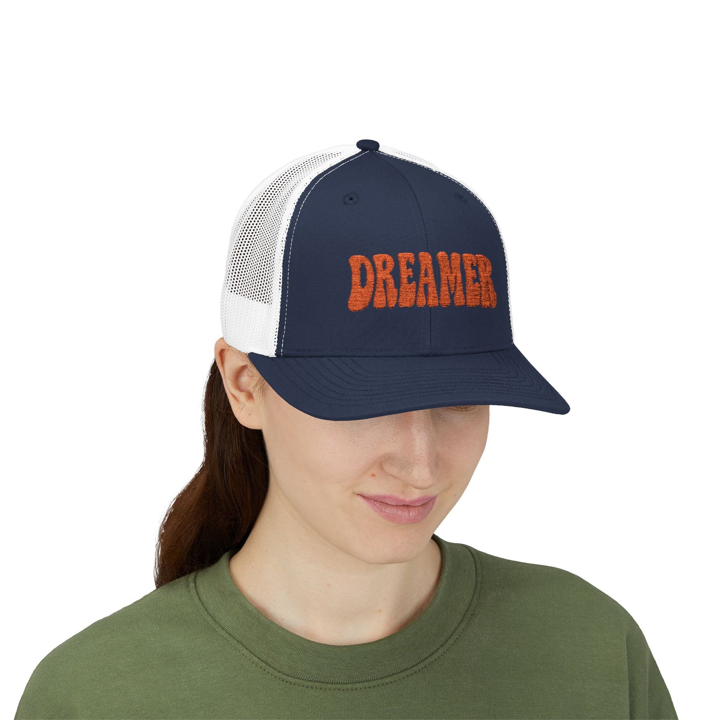 Dreamer Trucker Hat – Embroidered Minimalist Script Hat for Visionaries, Creatives, and Chill Daydreamers. Orange Letters