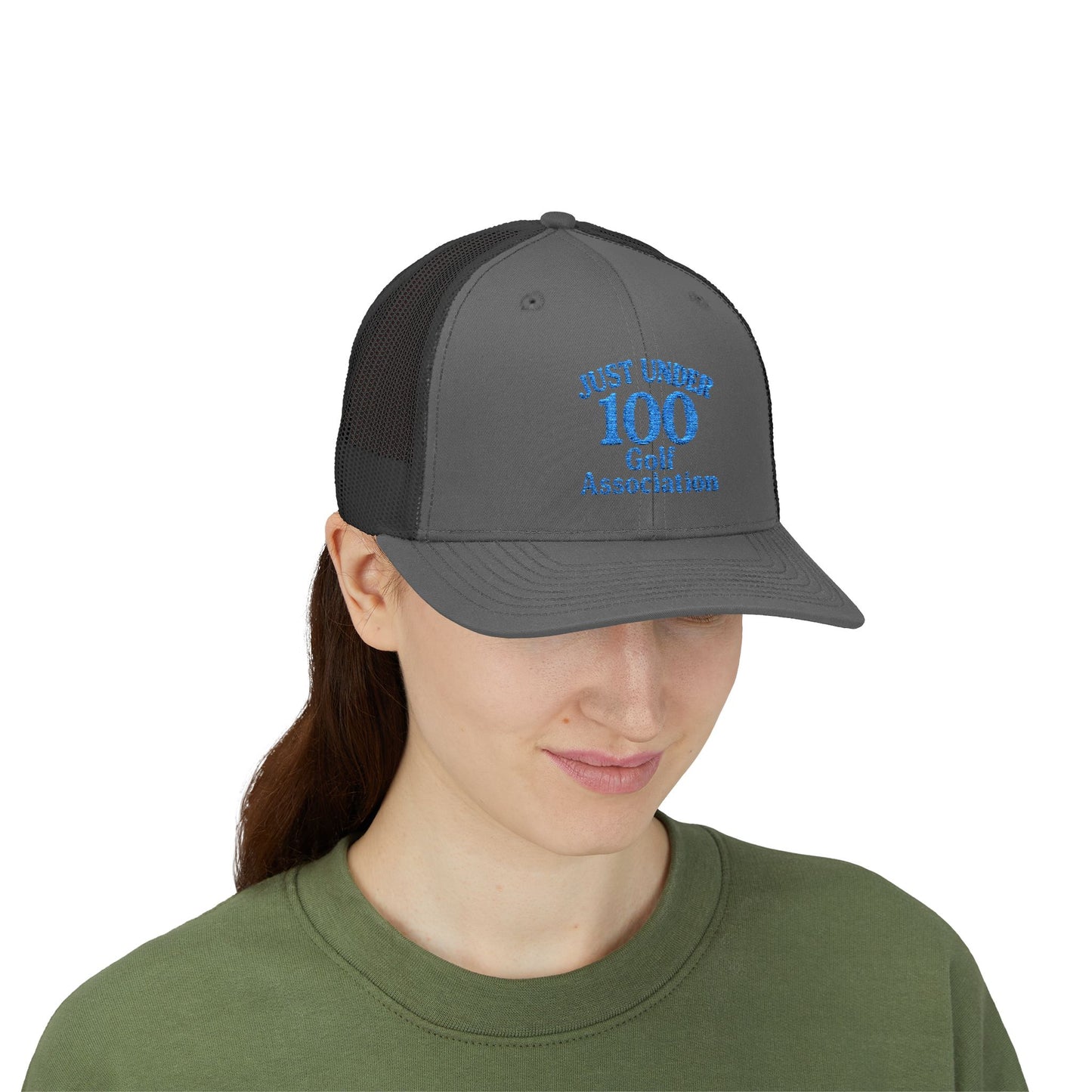Just Under 100 Golf Trucker Hat – Embroidered Funny Golf Hat for Weekend Golfers and Casual Fairway Vibes. Blue Letters