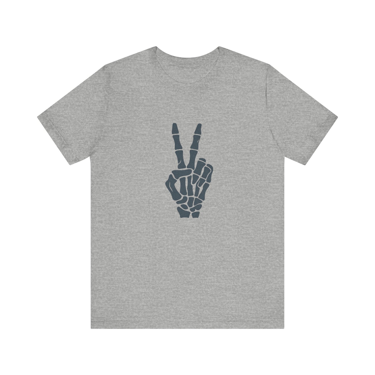 Skeleton Peace Hand Graphic T-Shirt – Gritty Dark Theme Grayscale Bones on Black Tee with Rebellious Calm and Modern Ghost Effect. Unisex Jersey Short Sleeve Tee