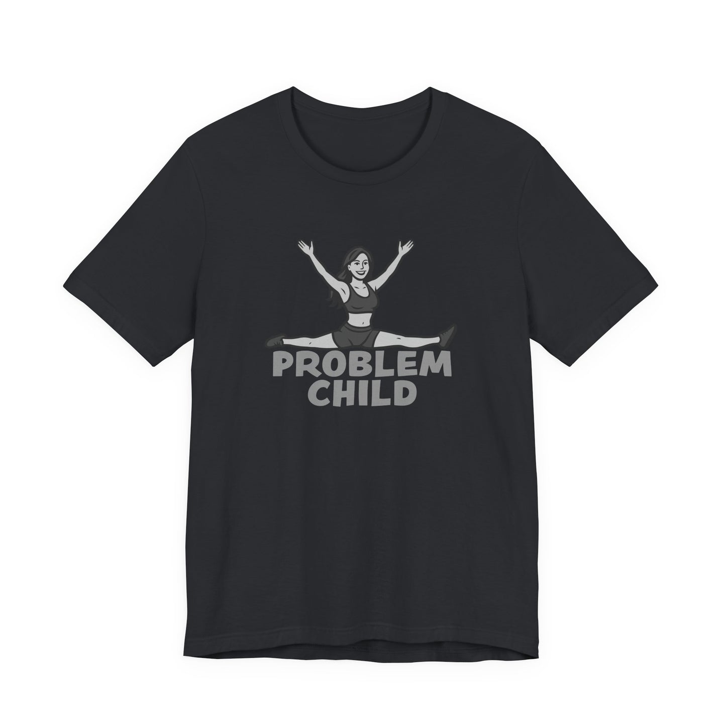 Problem Child Graphic Tee Cheerful Rebel Jump Pose in Bold Dark Theme Monochrome Style. Unisex Jersey Short Sleeve Tee