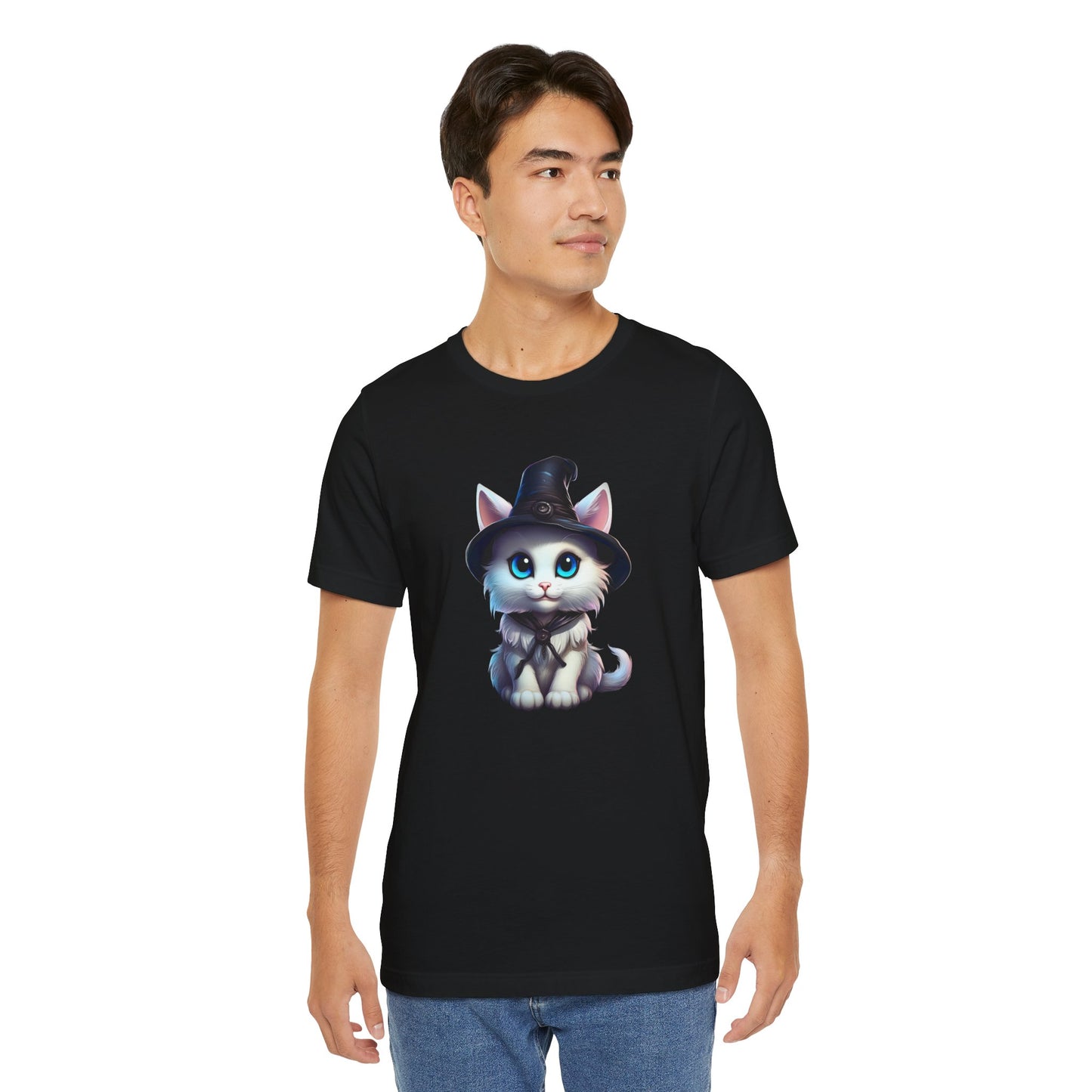 Adorable Witch Cat Halloween Shirt – Cute White Cat in Hat Graphic Tee for Cat Lovers and Halloween Fans