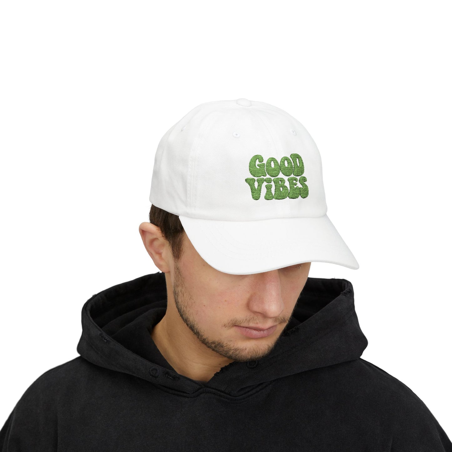 Good Vibes Classic Dad Hat – Embroidered Retro Text Hat for Positive Vibes, Chill Style, and Everyday Feel-Good Energy. Green Letters