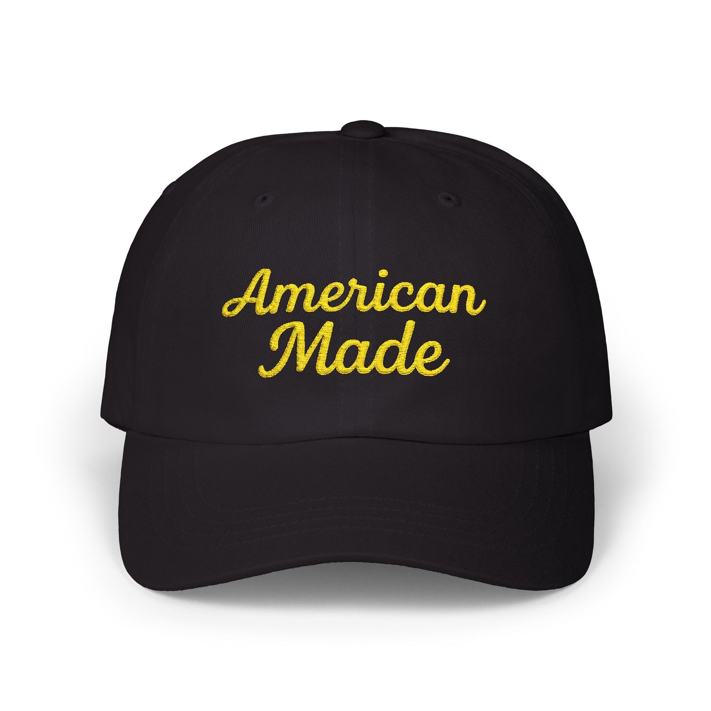 American Made Classic Dad Hat – Embroidered Patriotic Baseball Hat with Retro Script for USA Pride and Everyday Wear. Yellow letters