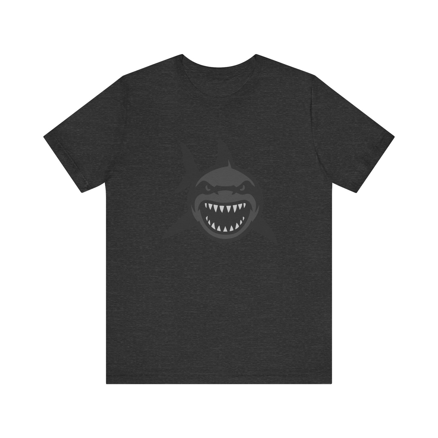 Ferocious Shark Face Graphic Tee with a Bold Bite – Dark Theme Ocean Predator Shirt in Black and Grey. Unisex Jersey Short Sleeve Tee