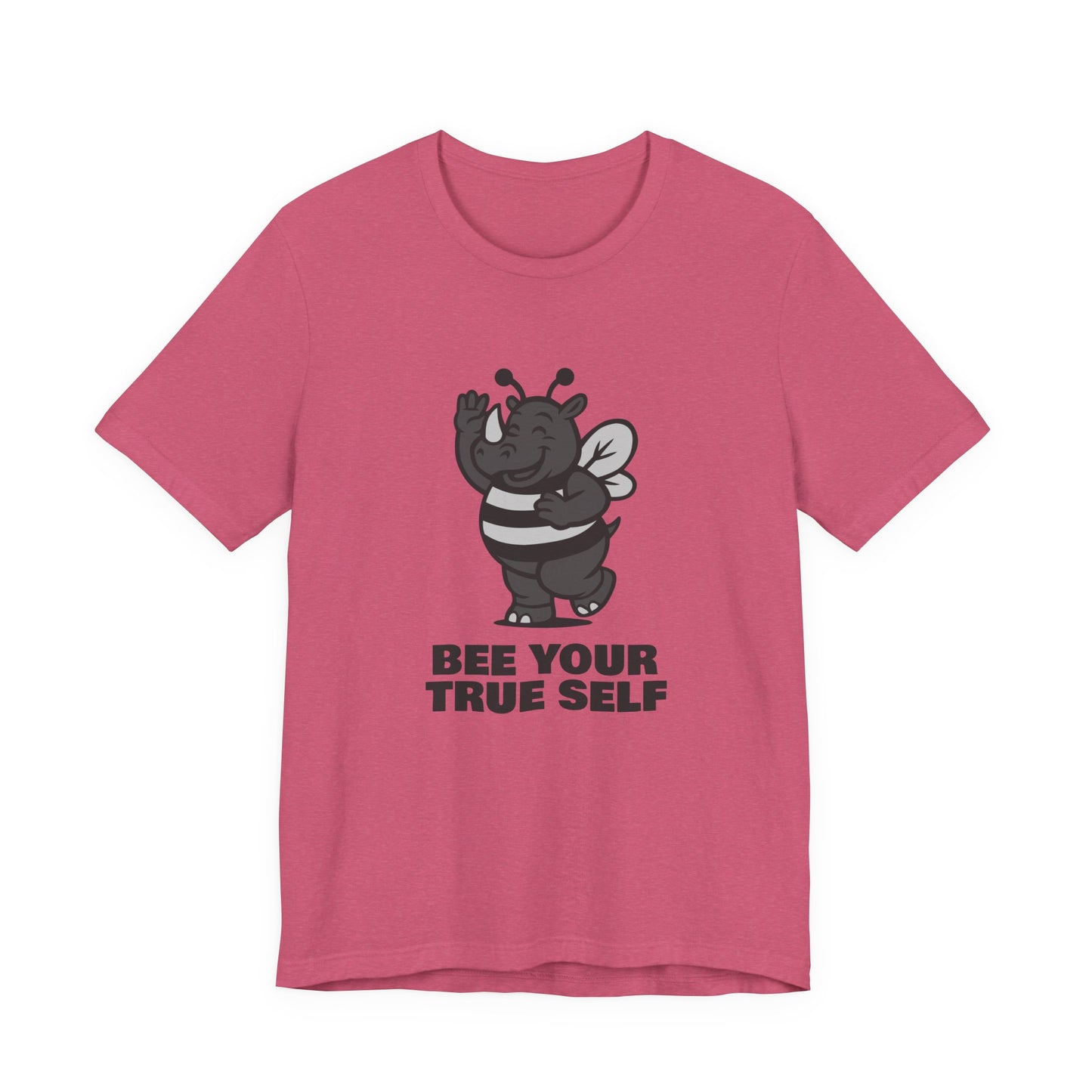 Bee Your True Self T-Shirt – Dark Theme Grayscale Rhino in Bee Costume on Black Tee with Wholesome Humor and Self-Expression Message. Unisex Jersey Short Sleeve Tee