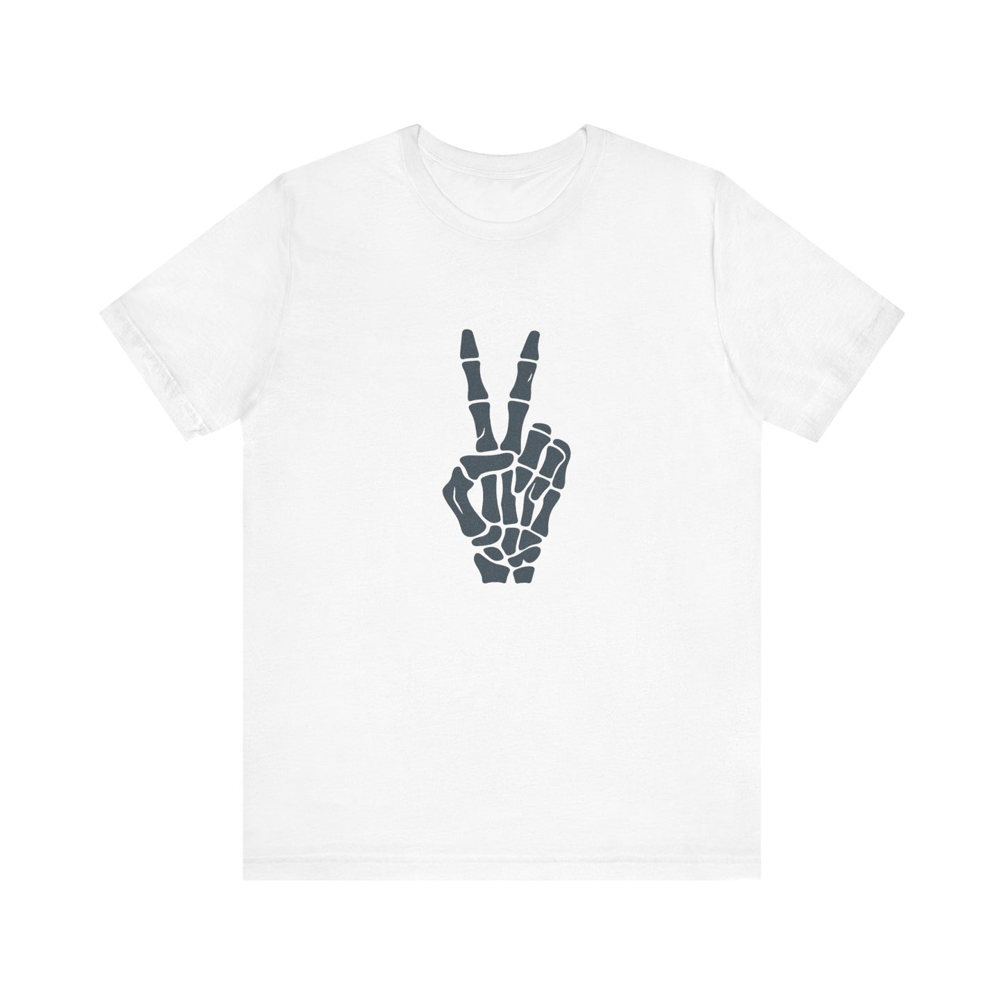 Skeleton Peace Hand Graphic T-Shirt – Gritty Dark Theme Grayscale Bones on Black Tee with Rebellious Calm and Modern Ghost Effect. Unisex Jersey Short Sleeve Tee