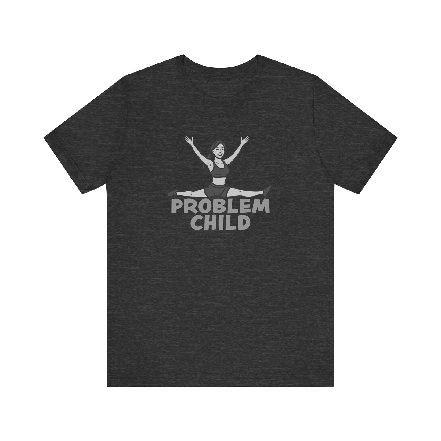 Problem Child Graphic Tee Cheerful Rebel Jump Pose in Bold Dark Theme Monochrome Style. Unisex Jersey Short Sleeve Tee