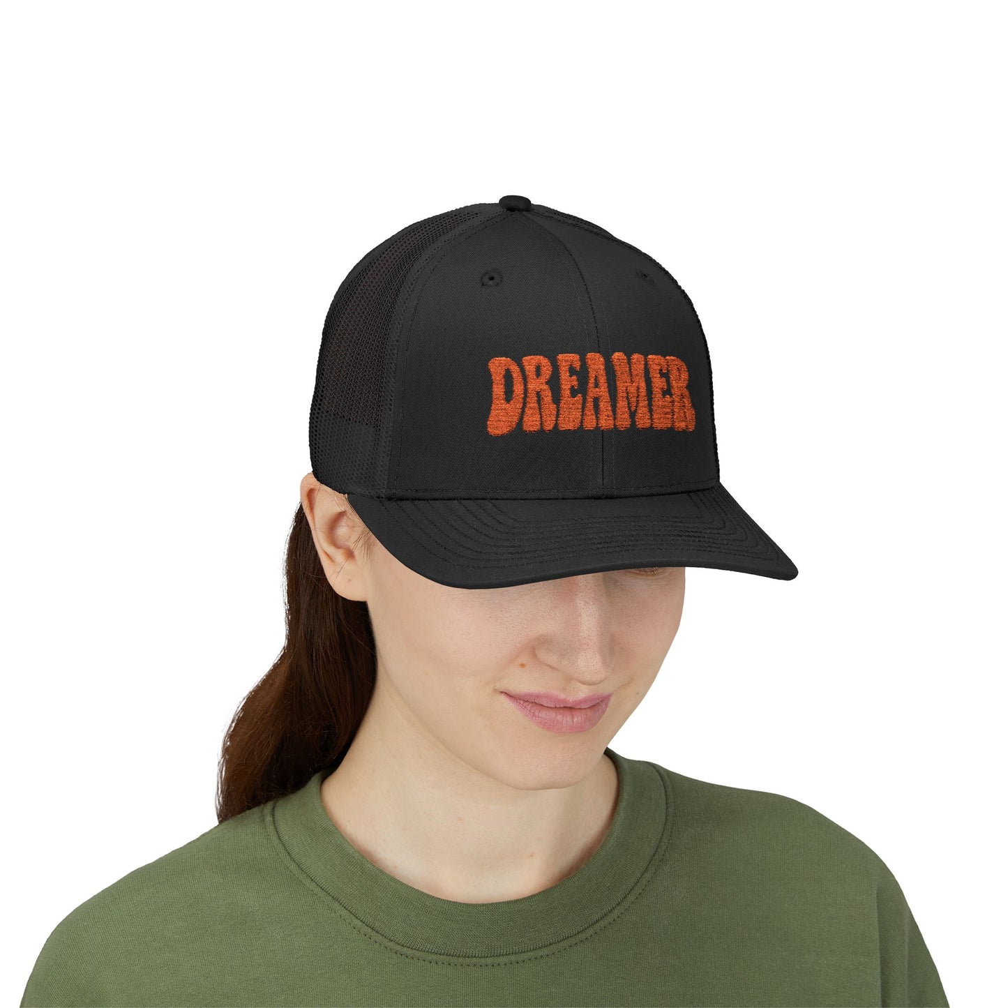 Dreamer Trucker Hat – Embroidered Minimalist Script Hat for Visionaries, Creatives, and Chill Daydreamers. Orange Letters