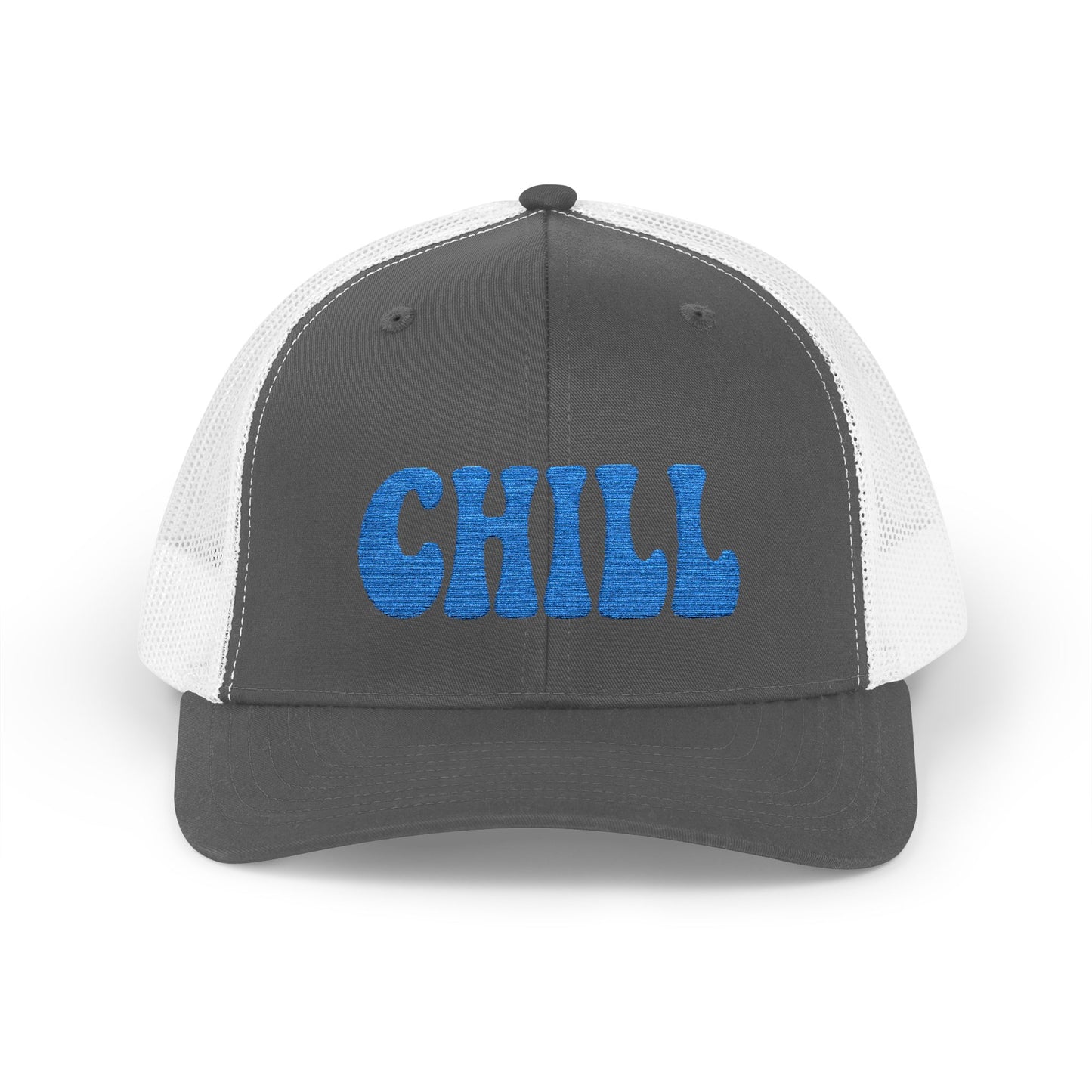 Chill Trucker Hat – Embroidered Relaxed Script Hat for Easygoing Vibes and Everyday Cool. Blue Letters