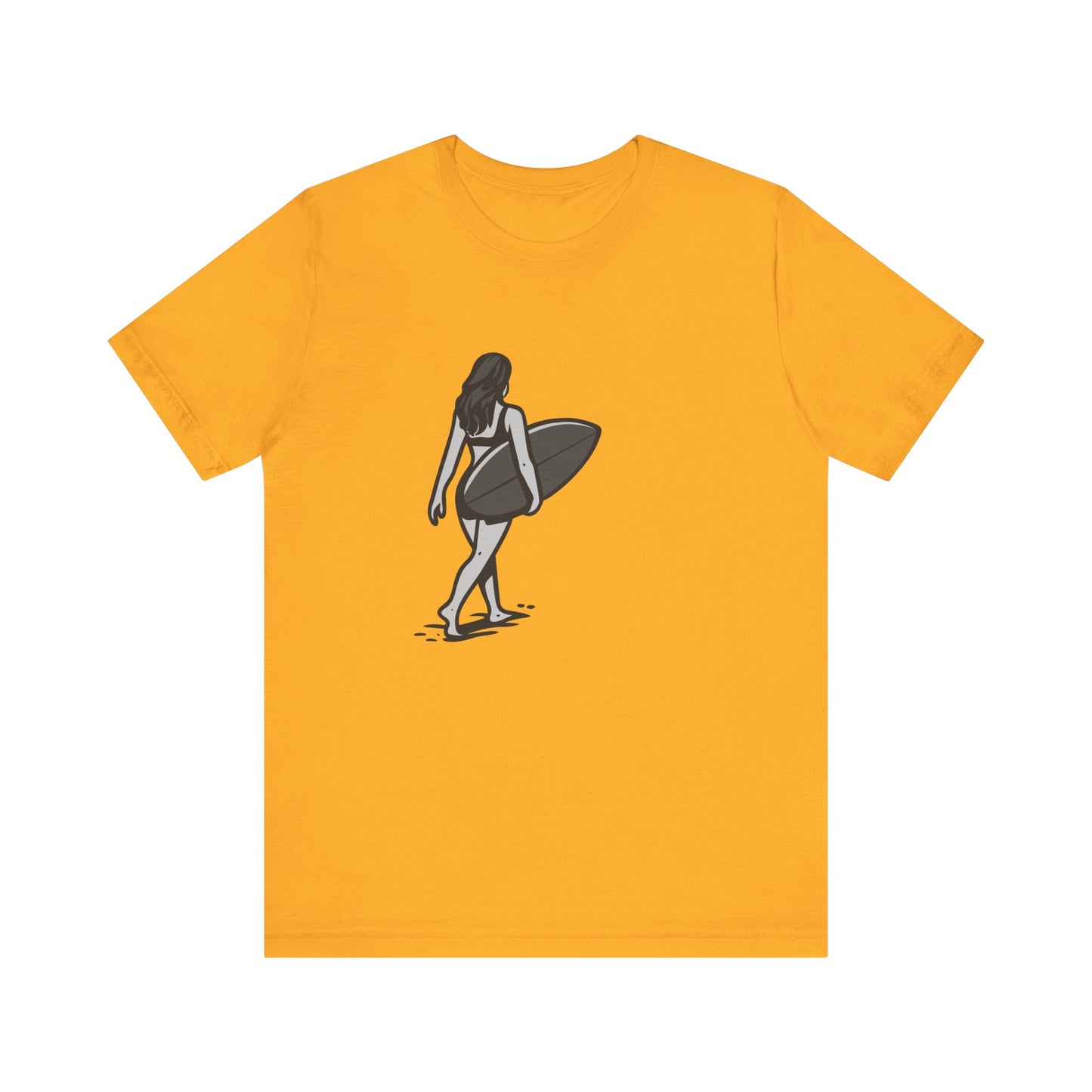 Surfer Girl Walking Graphic T-Shirt – Dark Theme Grayscale Beach Scene on Black Tee with Coastal Calm and Modern Ghost Effect. Unisex Jersey Short Sleeve Tee