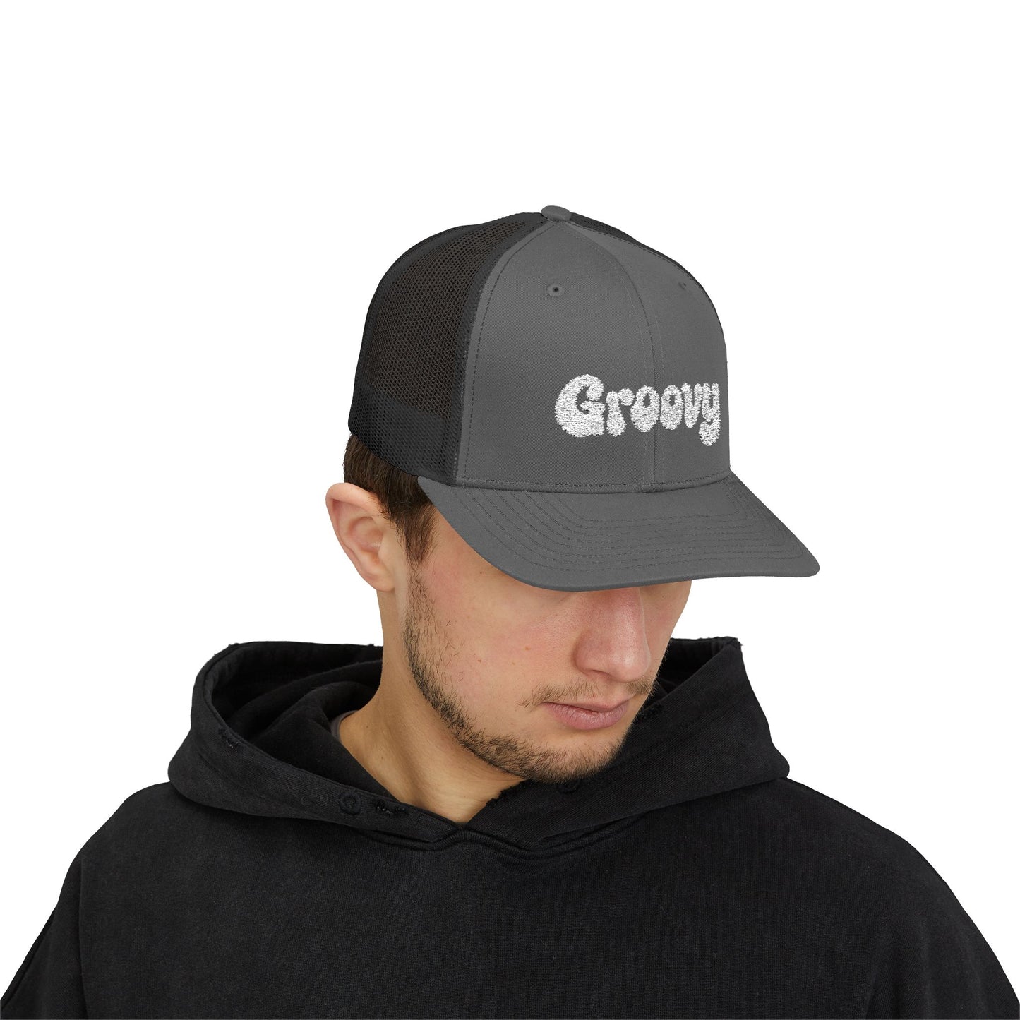 Groovy Trucker Hat – Retro Embroidered Hat with 70s Style Font for Funky Vibes, Chill Days, and Vintage Cool. White Letters