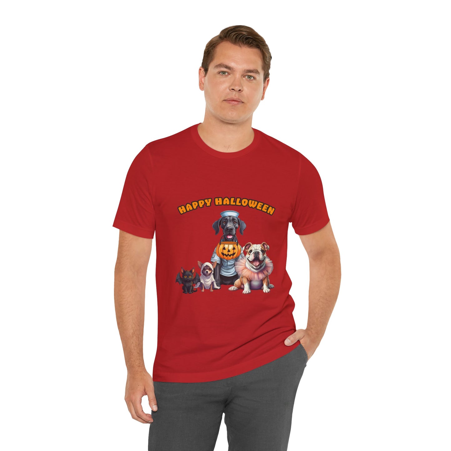 Happy Halloween Pet Parade Shirt – Cute Halloween Dogs and Cat in Costumes. Unisex Jersey Short Sleeve Tee