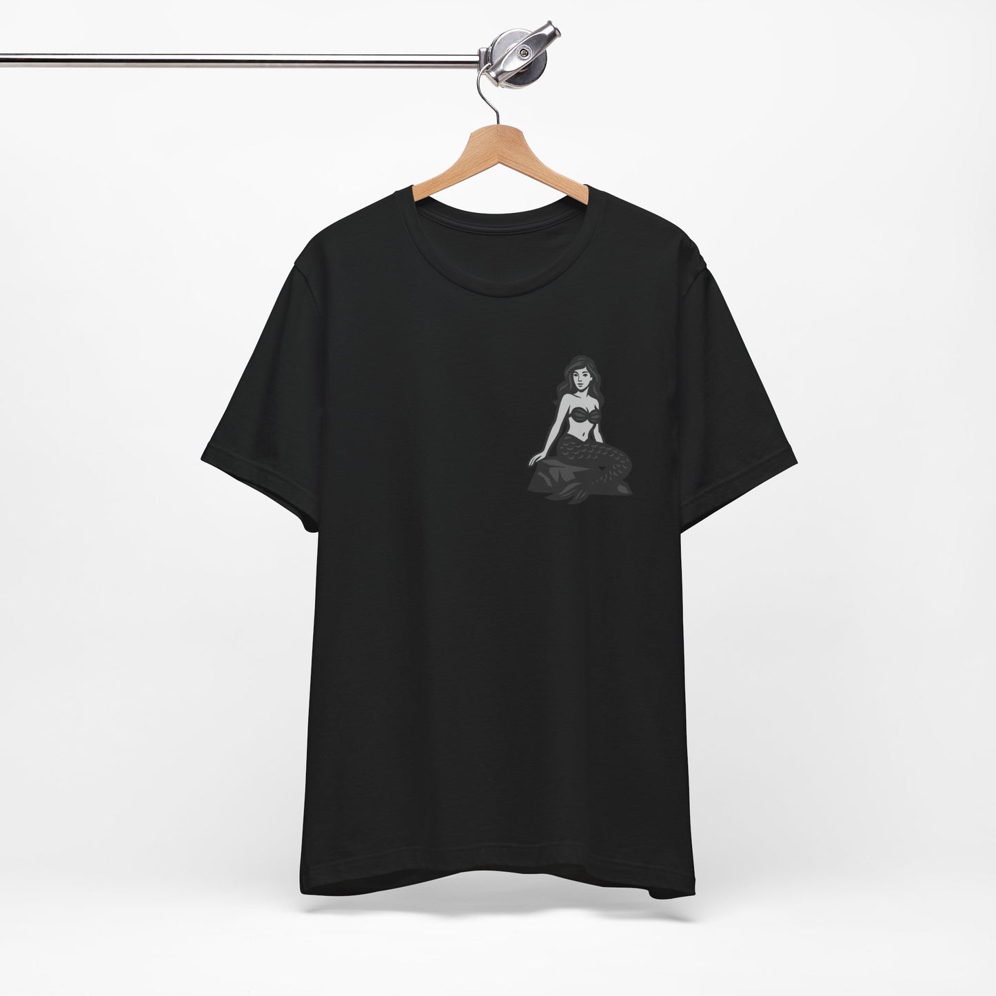 Mermaid Graphic T-Shirt – Dark Theme Grayscale Siren on Rock Design on Black Tee with Fantasy Vibes and Modern Ghost Effect. Unisex Jersey Short Sleeve Tee