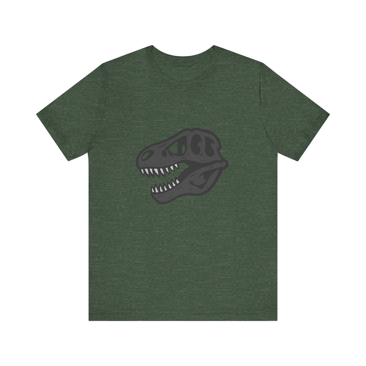 T-Rex Skull Graphic T-Shirt – Dark Theme Grayscale Dinosaur Skeleton Design on Black Tee with Prehistoric Edge and Modern Ghost Effect. Unisex Jersey Short Sleeve Tee