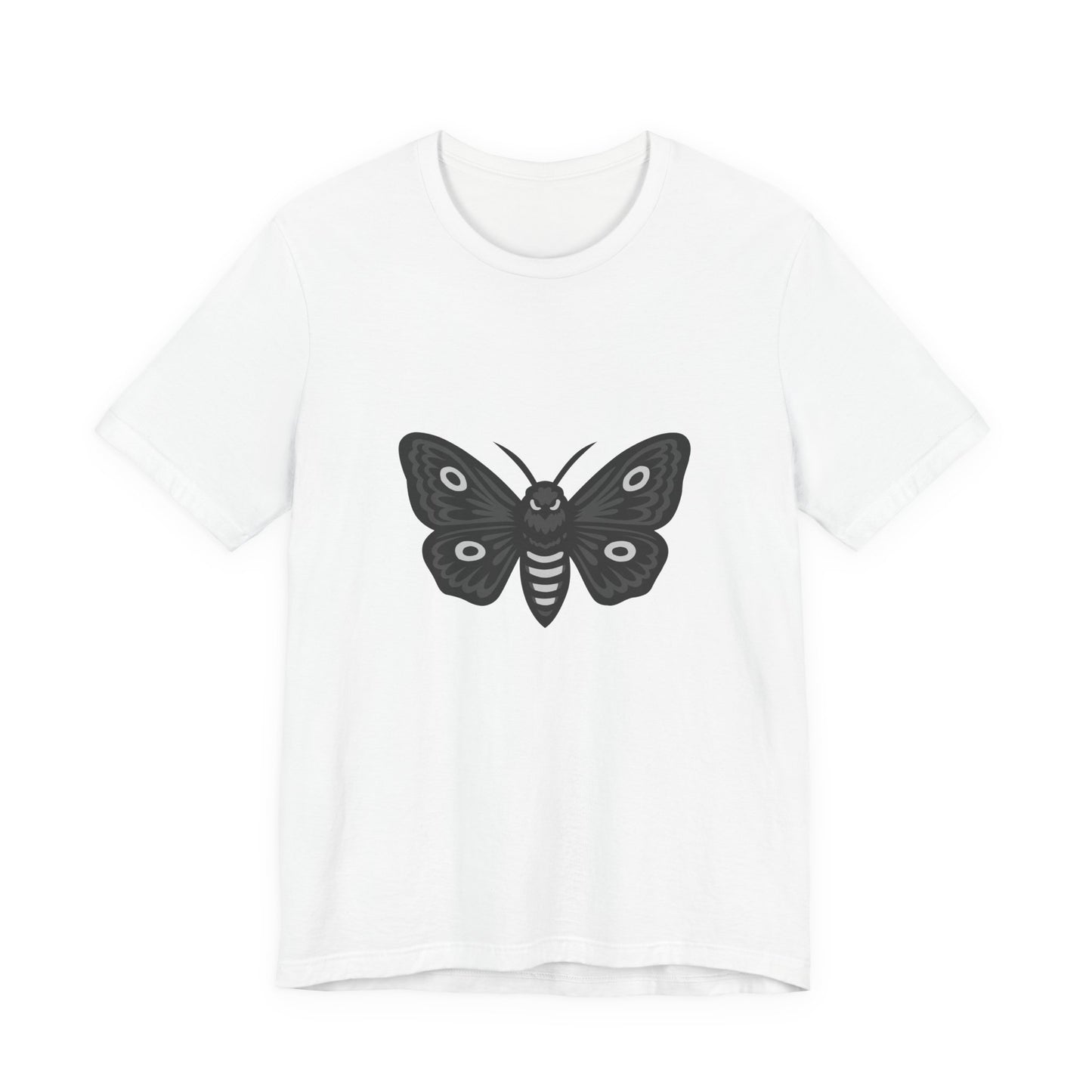 Moth Graphic T-Shirt – Dark Theme Grayscale Winged Insect Design on Black Tee with Gothic Mood and Subtle Modern Ghost Effect. Unisex Jersey Short Sleeve Tee