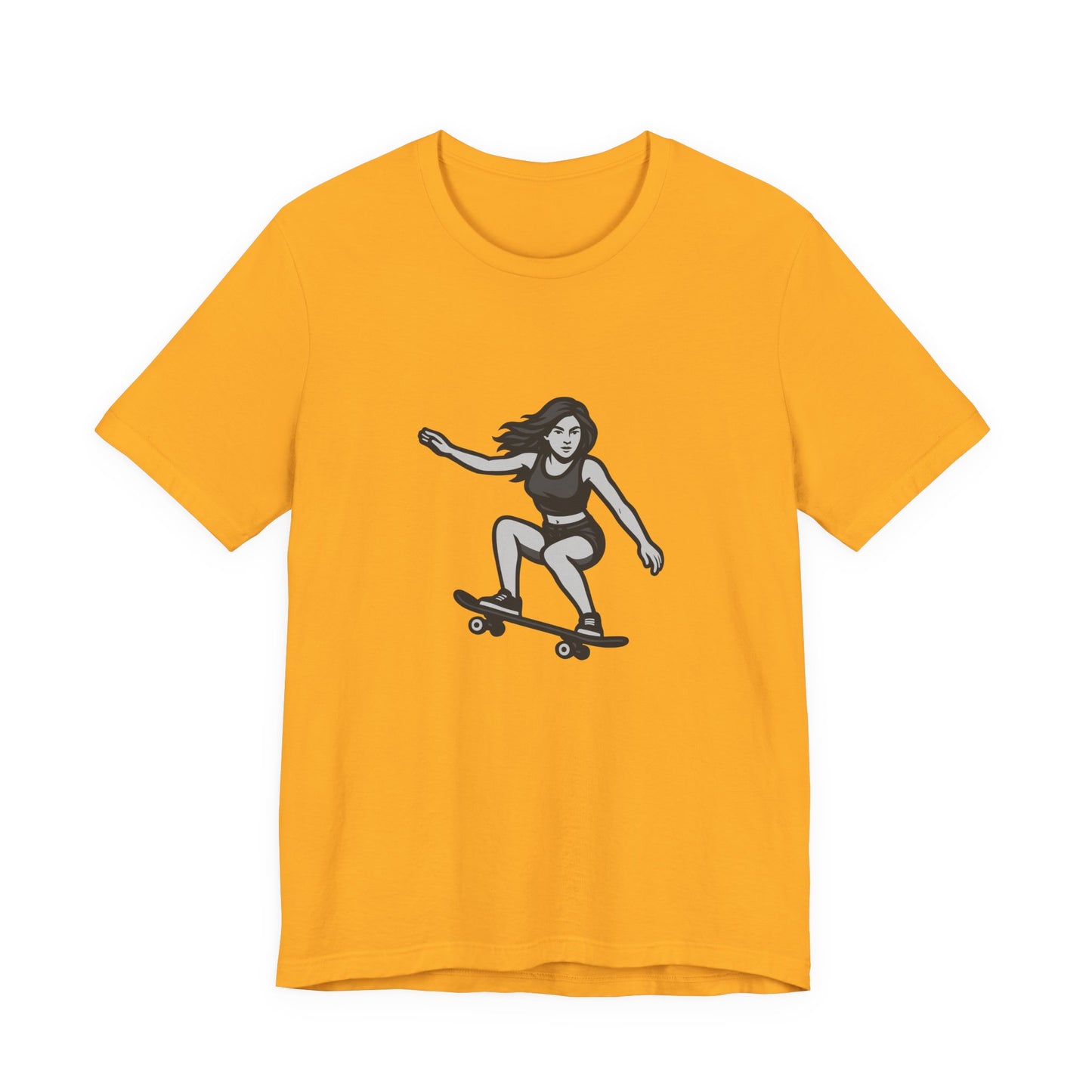 Skater Girl Graphic T-Shirt – Dark Theme Grayscale Skateboarding Design on Black Tee with Bold Motion and Modern Ghost Effect. Unisex Jersey Short Sleeve Tee