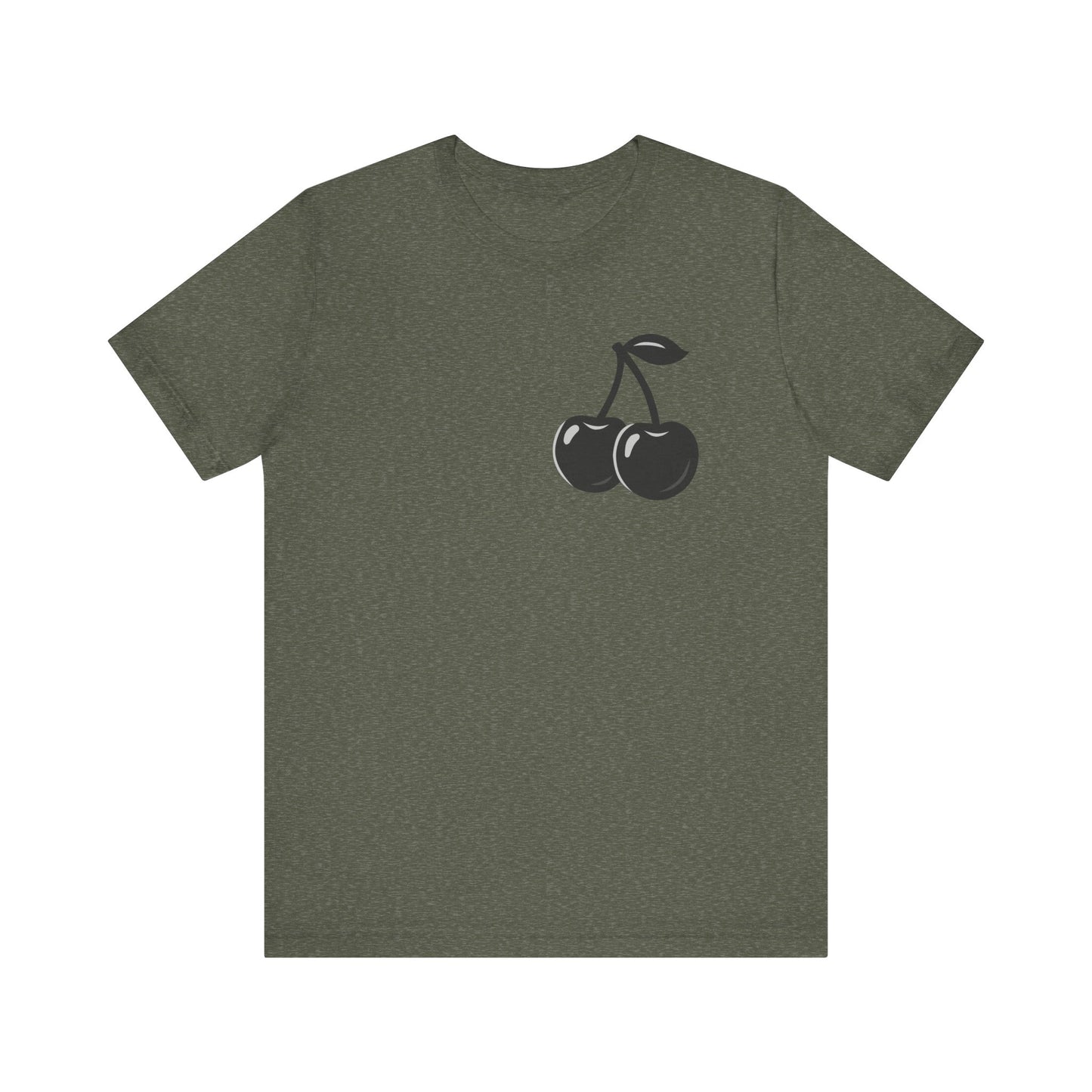 Dark Cherry Graphic T-Shirt – Minimal Dark Theme Grayscale Fruit Design on Black Tee with Subtle Style and Modern Ghost Effect. Unisex Jersey Short Sleeve Tee