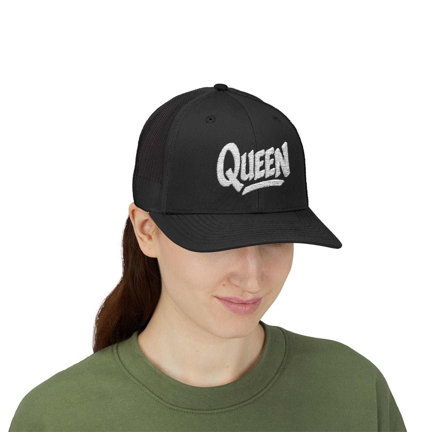 Queen Trucker Hat – Embroidered Crown Hat for Confident Women. White Letters