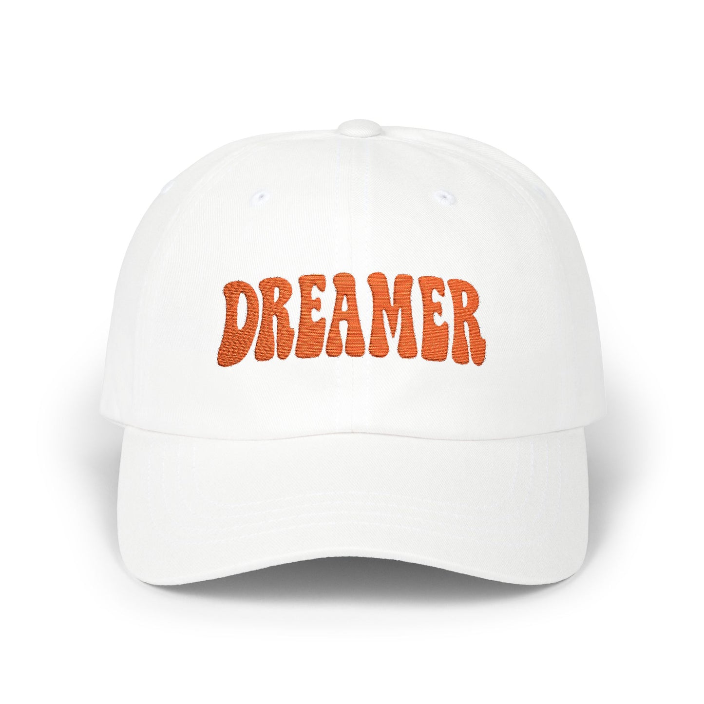 Dreamer Classic Dad Hat – Embroidered Minimalist Script Hat for Visionaries, Creatives, and Chill Daydreamers. Orange Letters