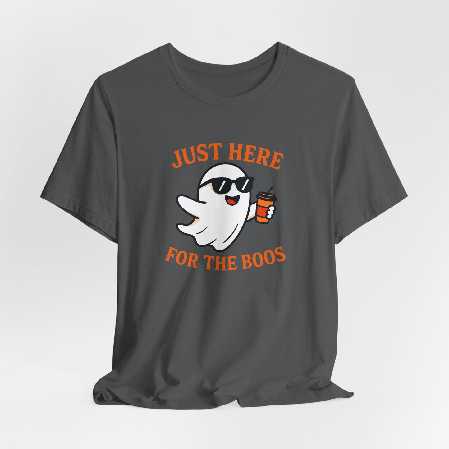Just Here for the Boos Halloween Shirt – Funny Ghost Drinking Coffee Graphic Tee for Spooky Season