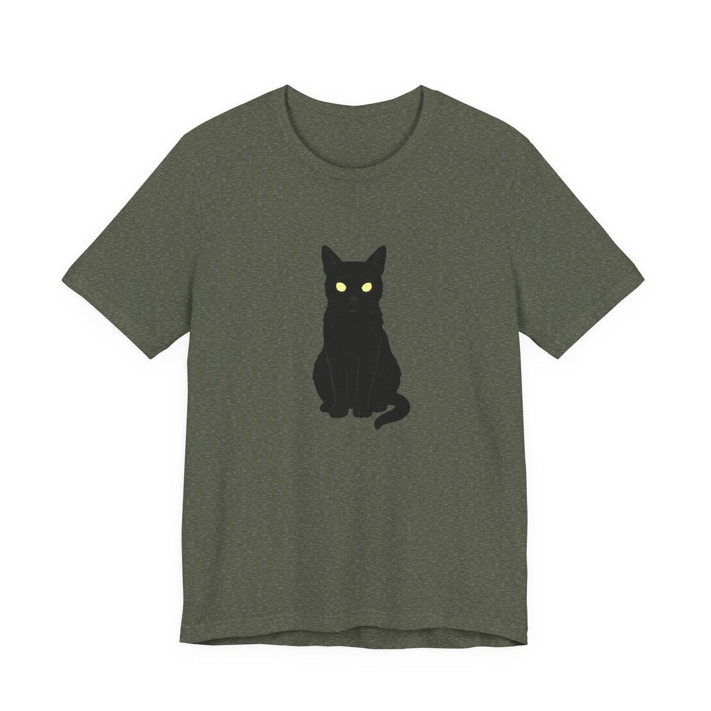 Glowing-Eyed Black Cat Shirt – Dark Theme Feline Stare for Maximum Spook and Minimal Effort. Unisex Jersey Short Sleeve Tee