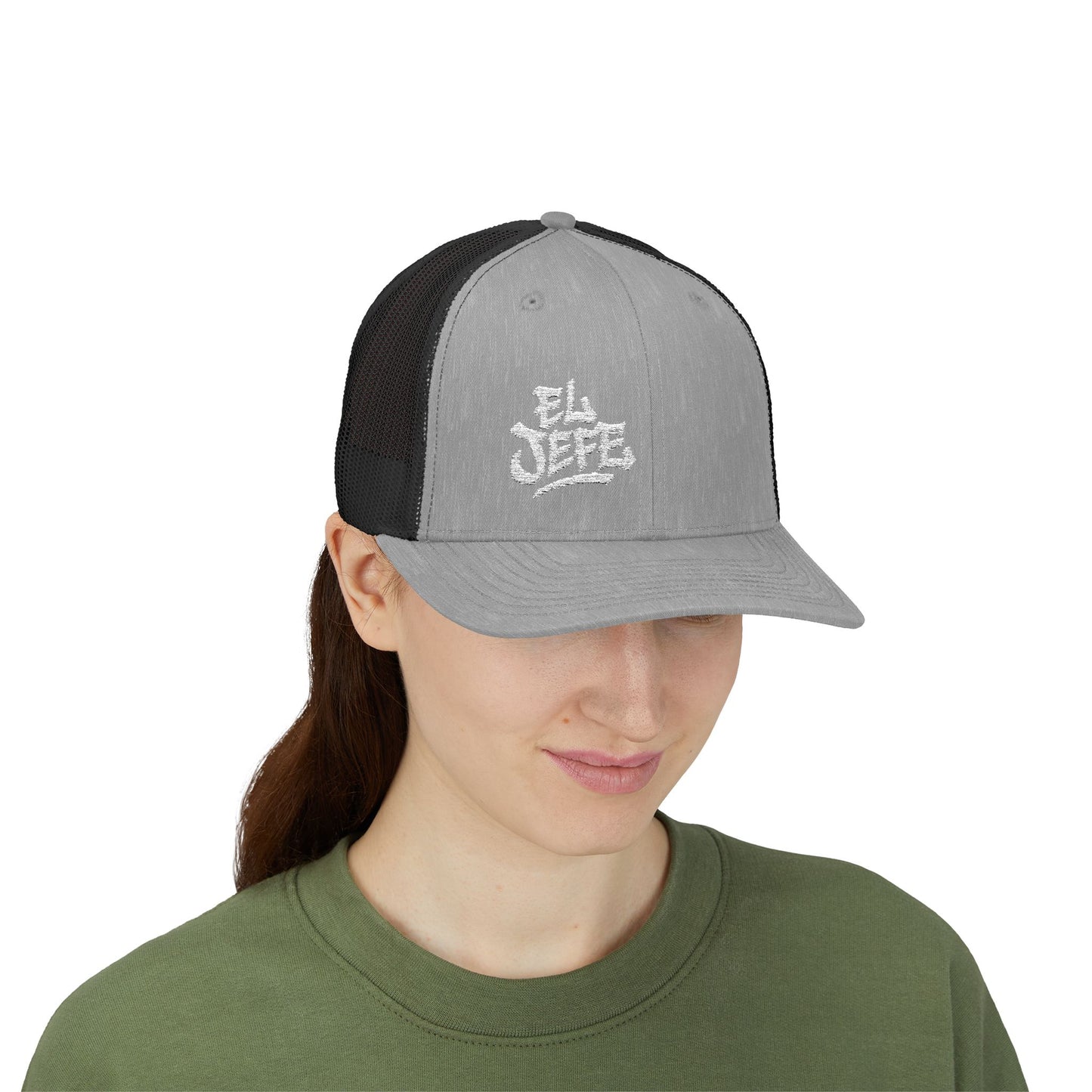 El Jefe Trucker Hat – Embroidered Bold Text Hat for Boss Energy, Leadership Style, and Latin Flair. White Letters