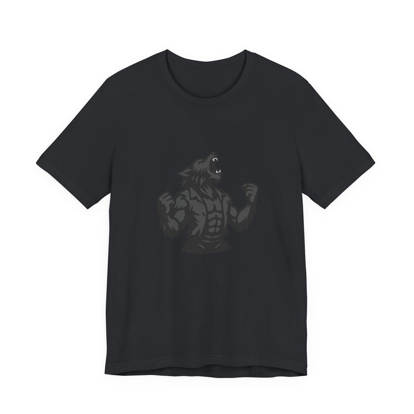 Werewolf Transformation T-Shirt – Dark Theme Grayscale Muscular Monster Design on Black Tee with Savage Energy and Modern Ghost Effect. Unisex Jersey Short Sleeve Tee