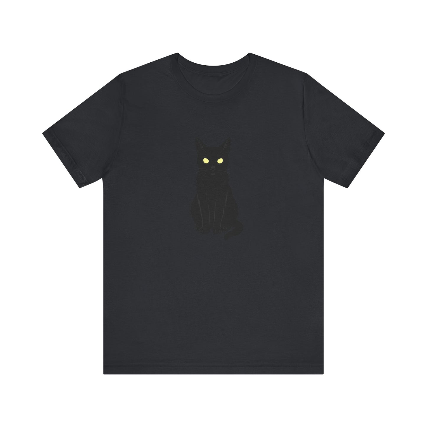 Glowing-Eyed Black Cat Shirt – Dark Theme Feline Stare for Maximum Spook and Minimal Effort. Unisex Jersey Short Sleeve Tee
