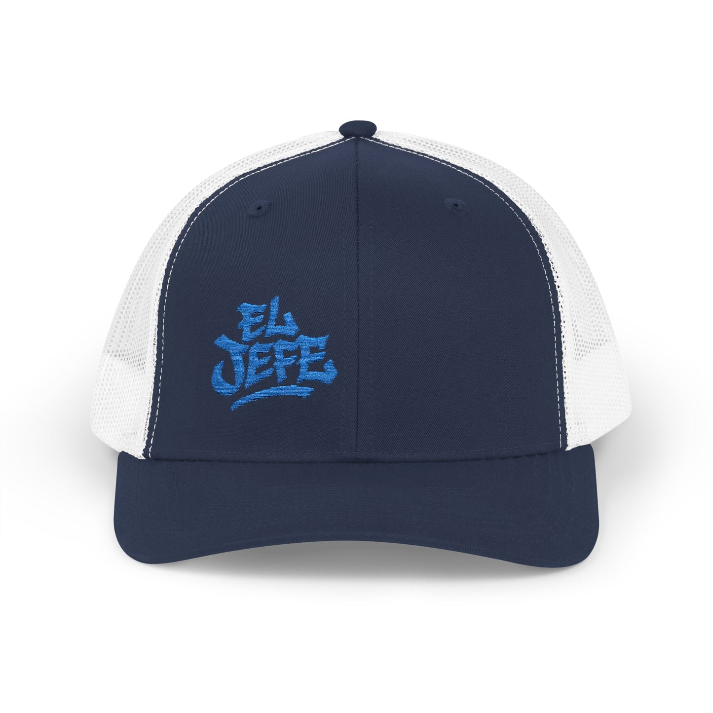 El Jefe Trucker Hat – Embroidered Bold Text Hat for Boss Energy, Leadership Style, and Latin Flair. Blue Letters