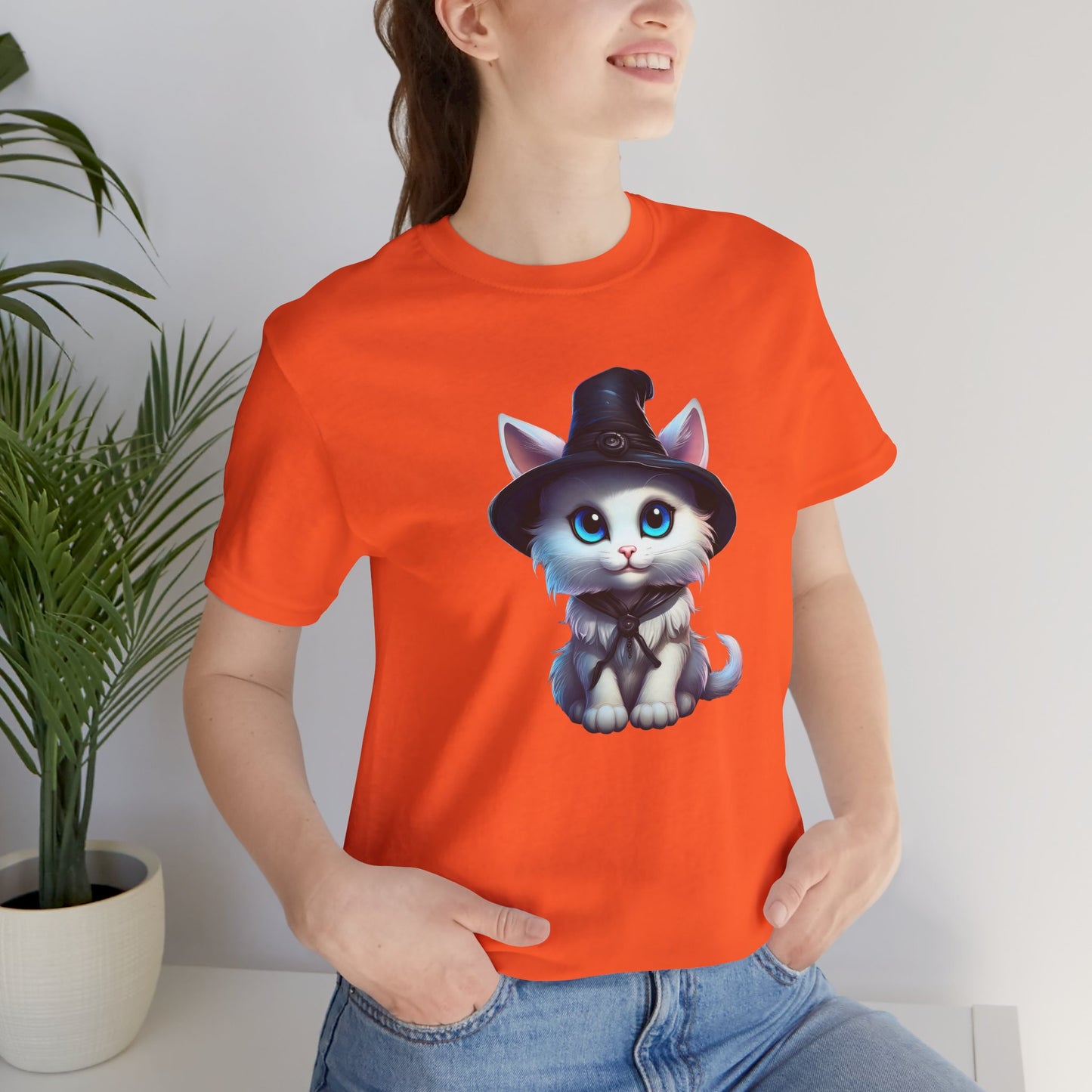 Adorable Witch Cat Halloween Shirt – Cute White Cat in Hat Graphic Tee for Cat Lovers and Halloween Fans