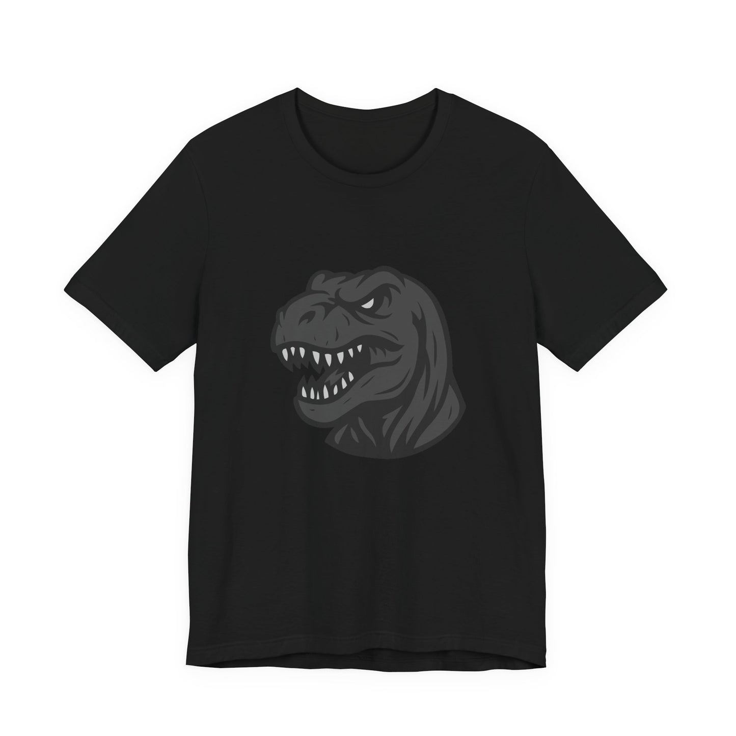 T-Rex Profile Graphic T-Shirt – Dark Theme Grayscale Dinosaur Head on Black Tee with Prehistoric Power and Modern Ghost Effect. Unisex Jersey Short Sleeve Tee