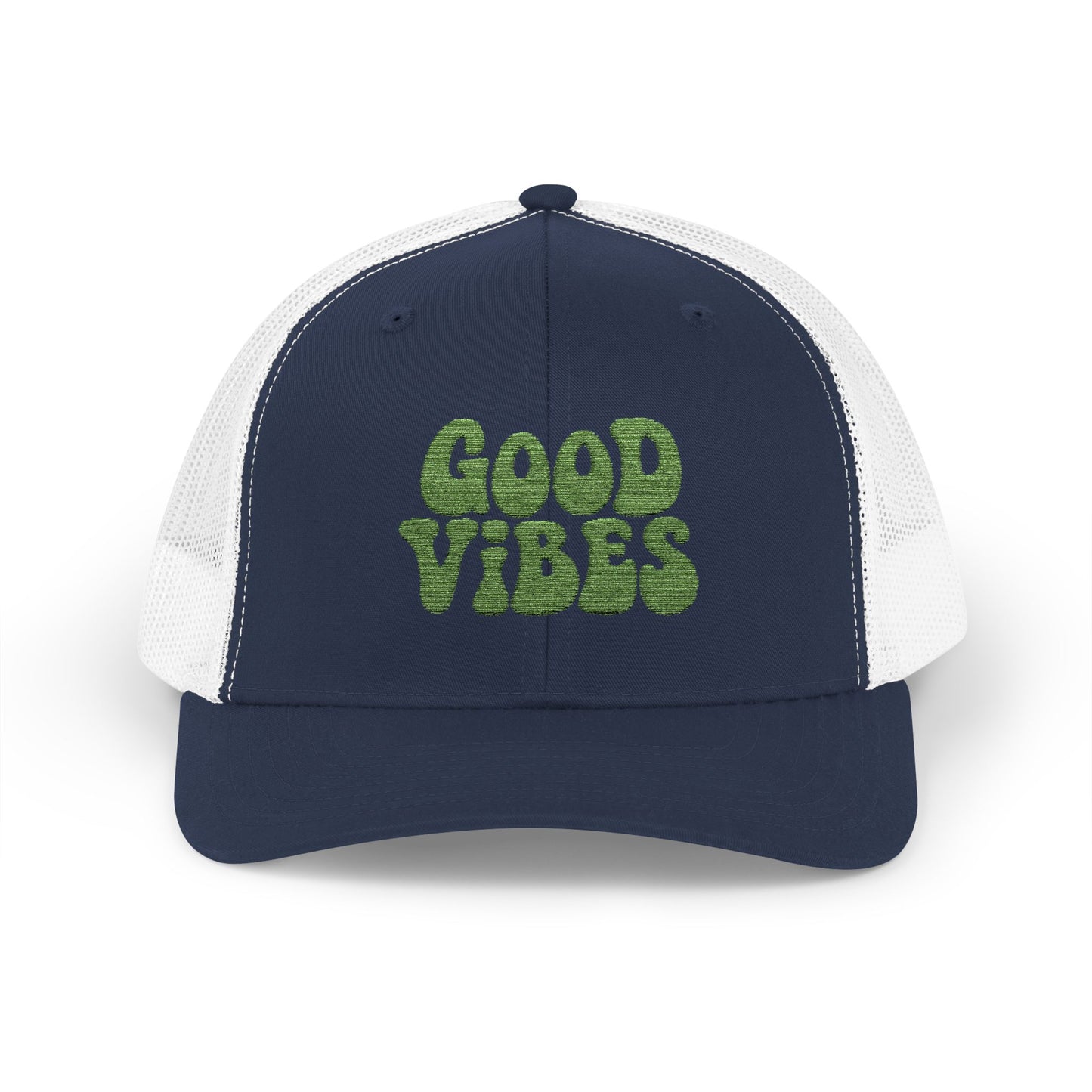 Good Vibes Trucker Hat – Embroidered Retro Text Hat for Positive Vibes, Chill Style, and Everyday Feel-Good Energy. Green Letters