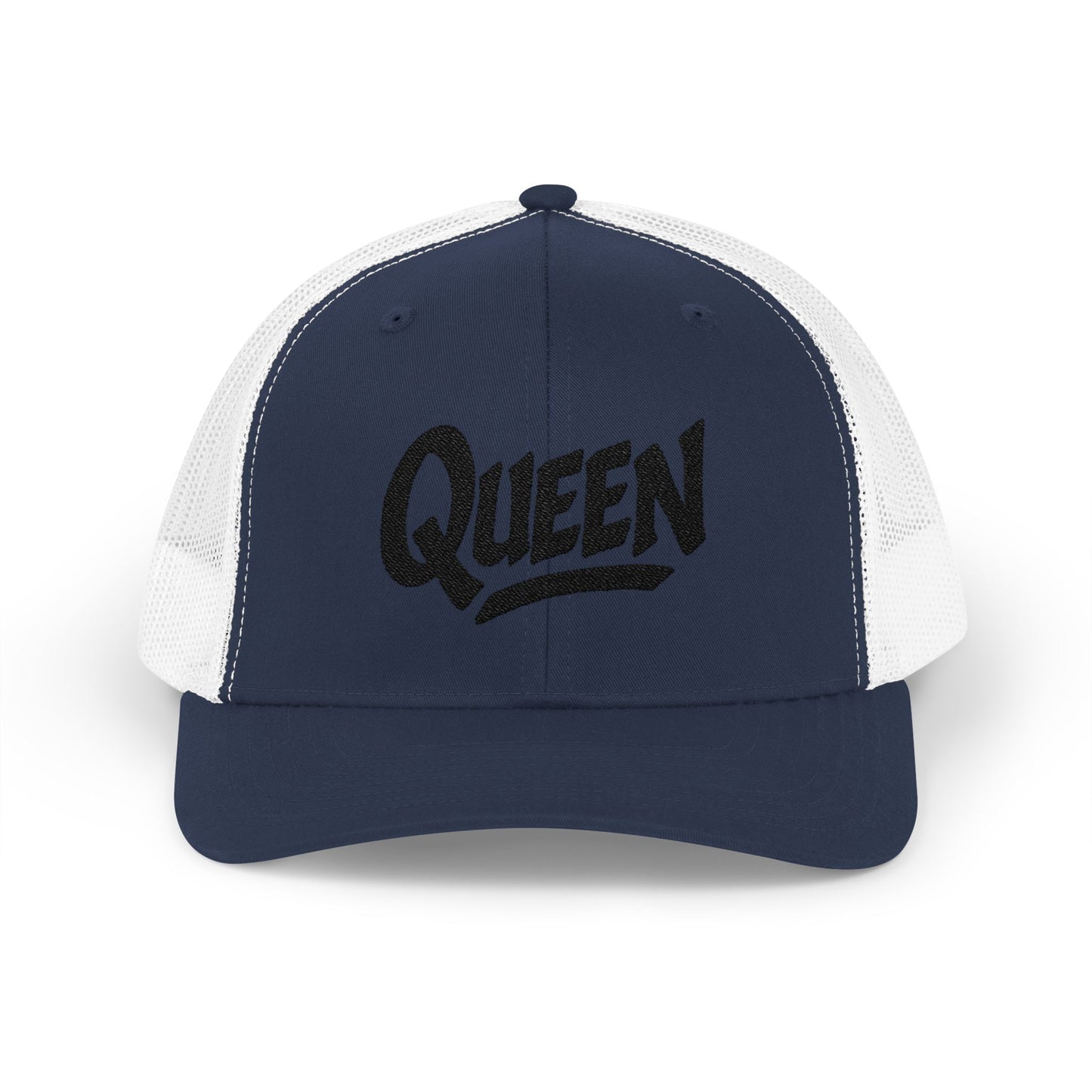 Queen Trucker Hat – Embroidered Crown Hat for Confident Women. Black Letters