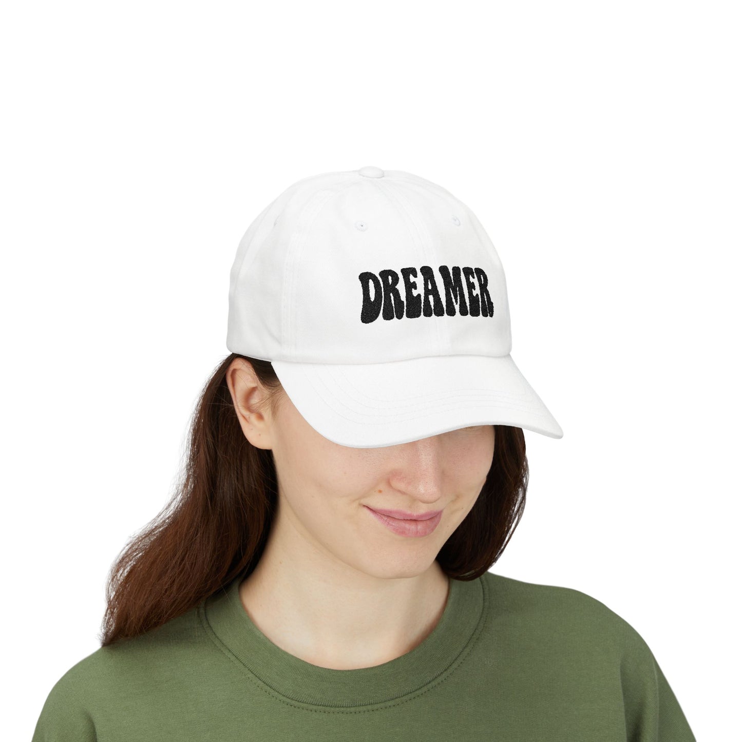 Dreamer Classic Dad Hat – Embroidered Minimalist Script Hat for Visionaries, Creatives, and Chill Daydreamers. Black Letters