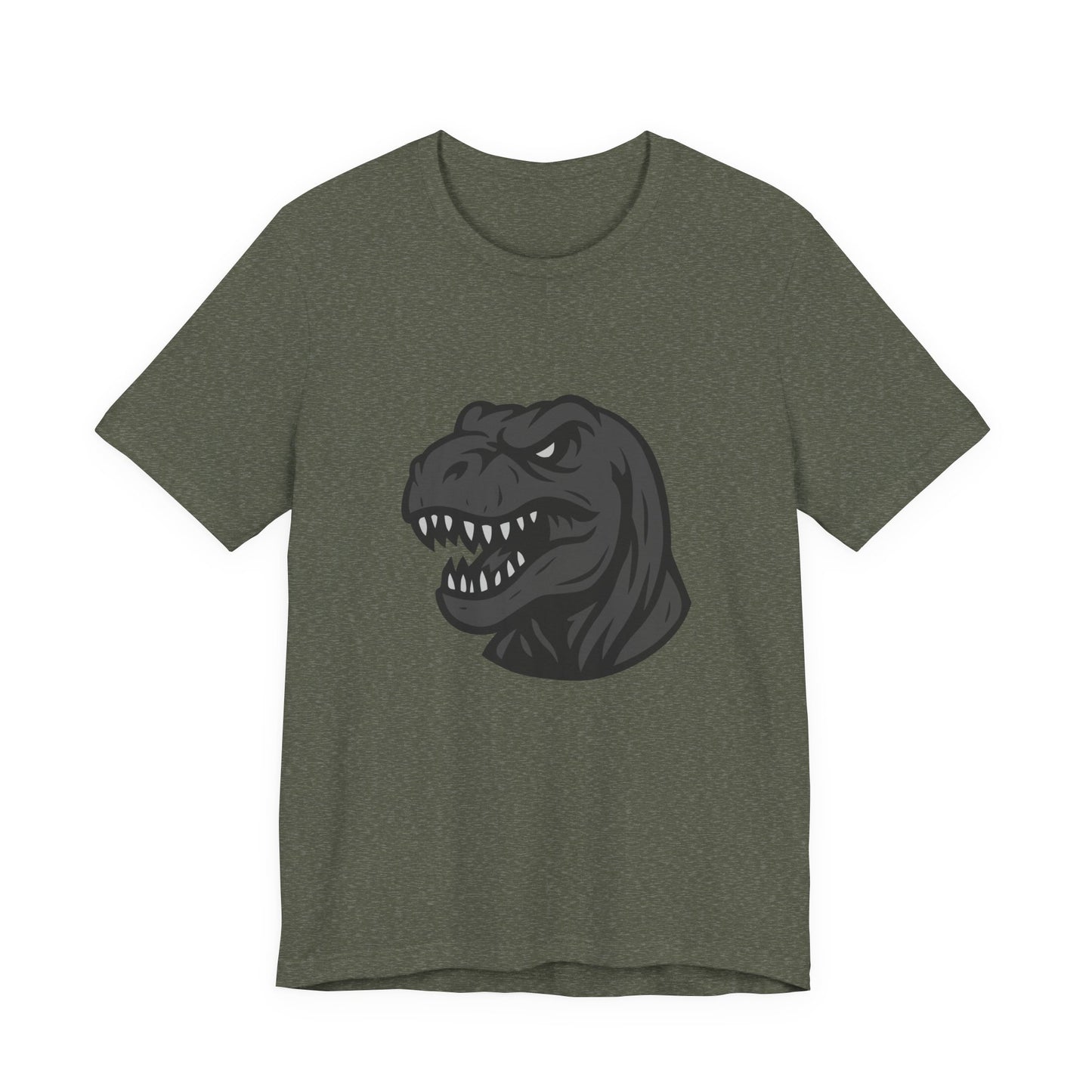 T-Rex Profile Graphic T-Shirt – Dark Theme Grayscale Dinosaur Head on Black Tee with Prehistoric Power and Modern Ghost Effect. Unisex Jersey Short Sleeve Tee
