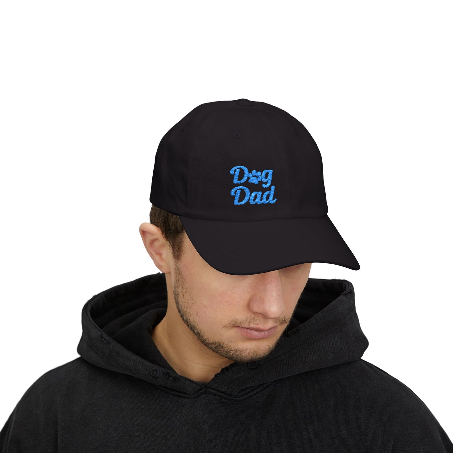 Dog Dad Classic Dad Hat – Embroidered Minimalist Dog Face Hat for Proud Pet Dads and Canine Companions. Blue Letters