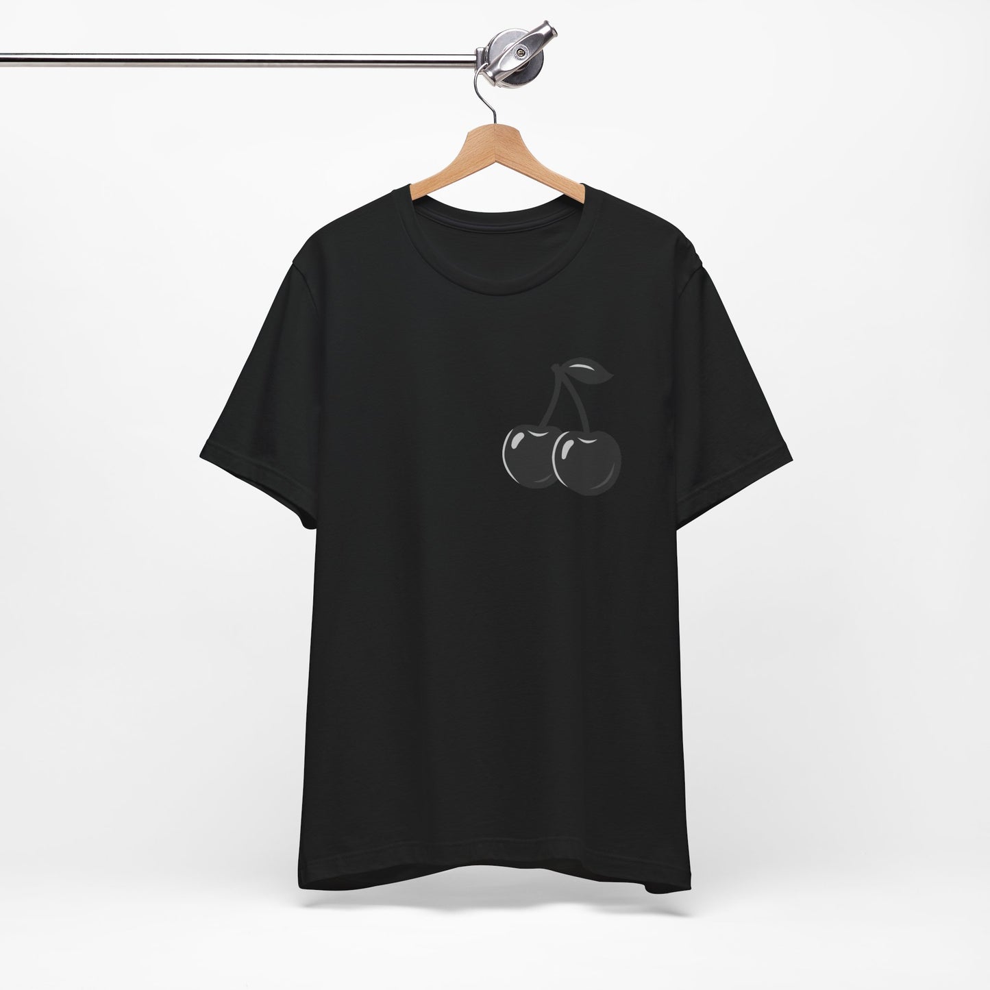 Dark Cherry Graphic T-Shirt – Minimal Dark Theme Grayscale Fruit Design on Black Tee with Subtle Style and Modern Ghost Effect. Unisex Jersey Short Sleeve Tee