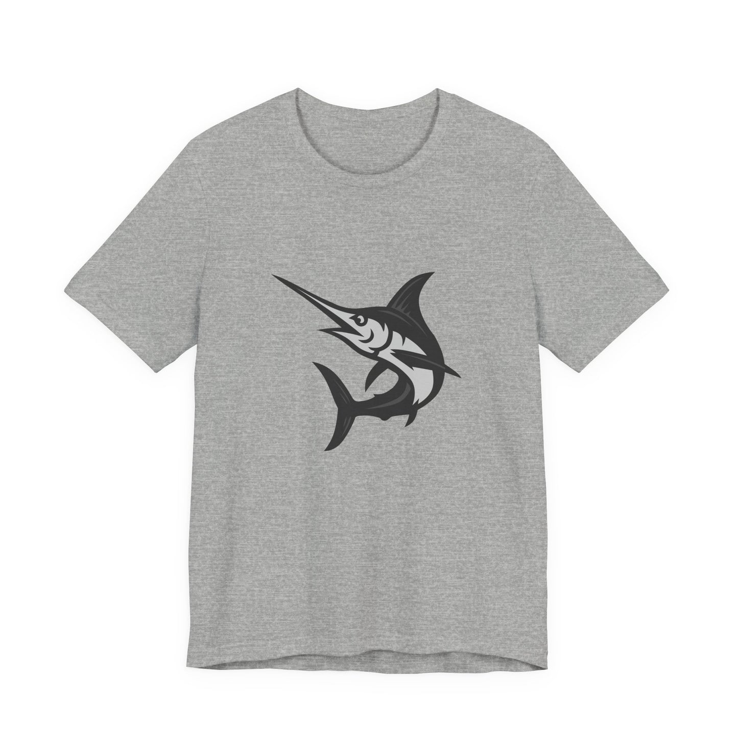 Swordfish Graphic T-Shirt – Dark Theme Grayscale Ocean Predator Design on Black Tee with Streamlined Power and Modern Ghost Effect. Unisex Jersey Short Sleeve Tee
