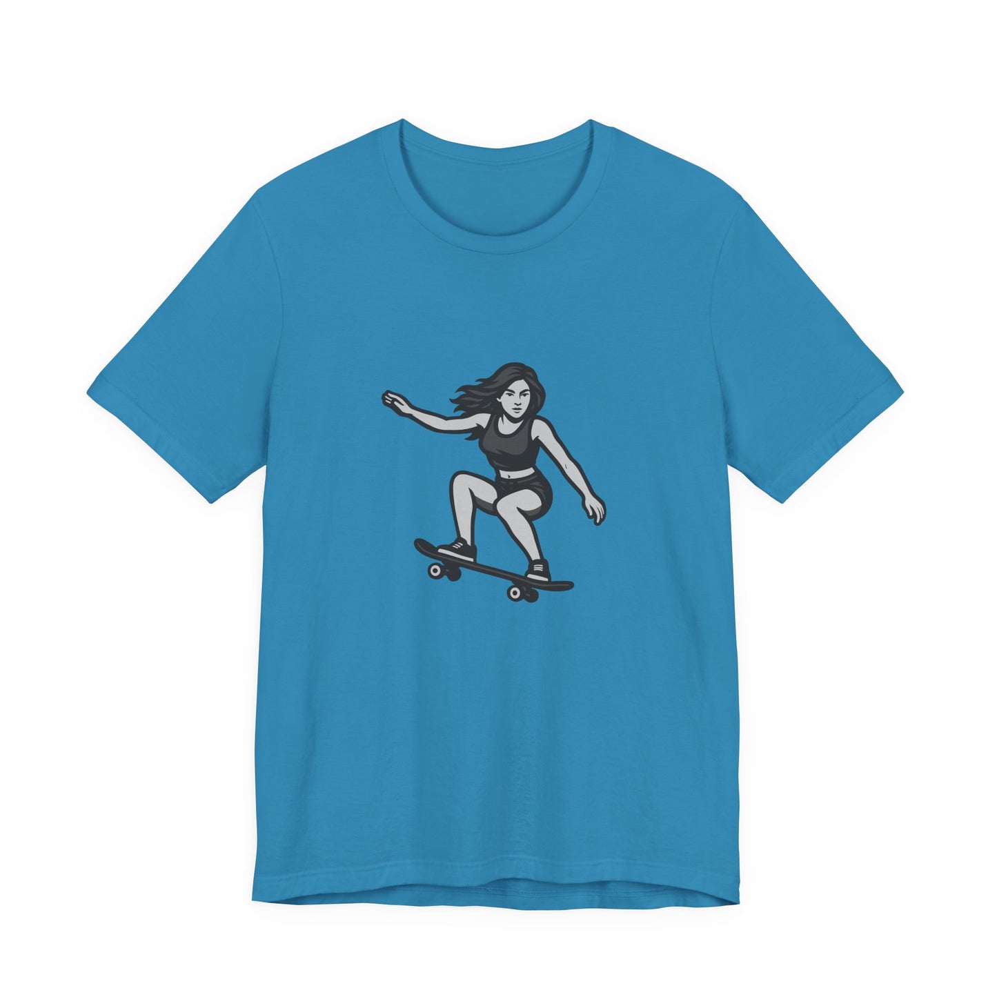 Skater Girl Graphic T-Shirt – Dark Theme Grayscale Skateboarding Design on Black Tee with Bold Motion and Modern Ghost Effect. Unisex Jersey Short Sleeve Tee
