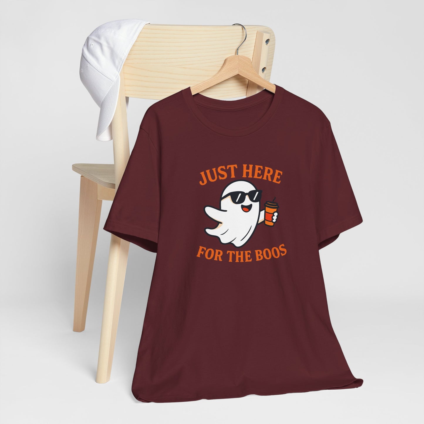 Just Here for the Boos Halloween Shirt – Funny Ghost Drinking Coffee Graphic Tee for Spooky Season