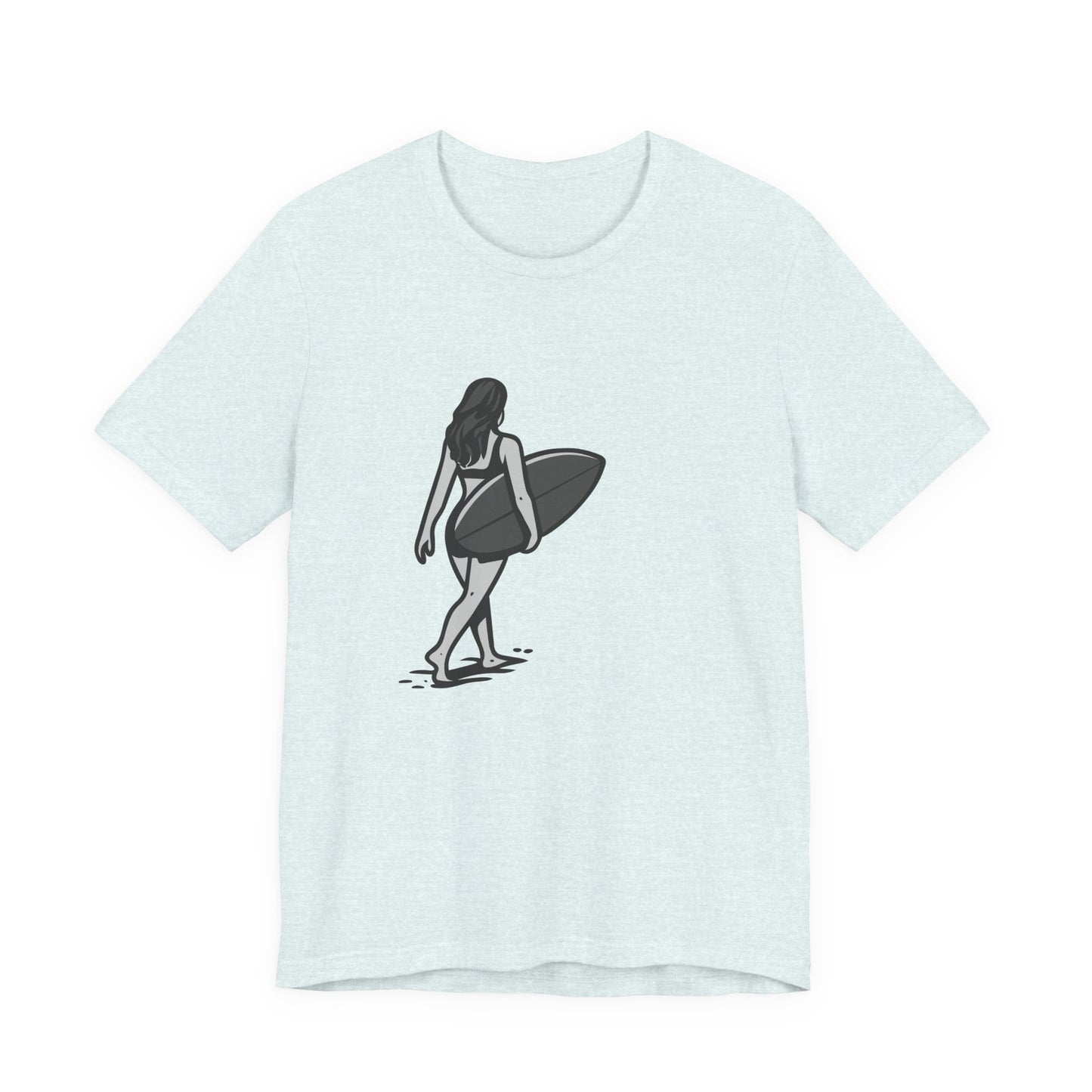 Surfer Girl Walking Graphic T-Shirt – Dark Theme Grayscale Beach Scene on Black Tee with Coastal Calm and Modern Ghost Effect. Unisex Jersey Short Sleeve Tee