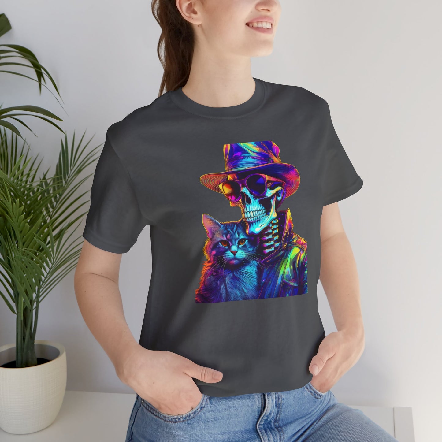 Cool Skeleton and Cat Halloween Shirt – Neon Retro Horror Graphic Tee for Spooky Style and Cat Lovers