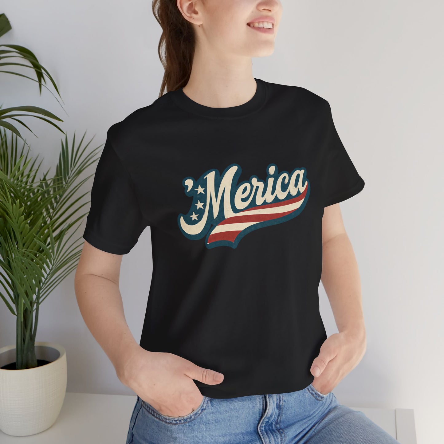 'Merica Vintage Script Shirt – Patriotic Retro USA Tee for 4th of July – Independence Day American Pride Design. Unisex Jersey Short Sleeve Tee