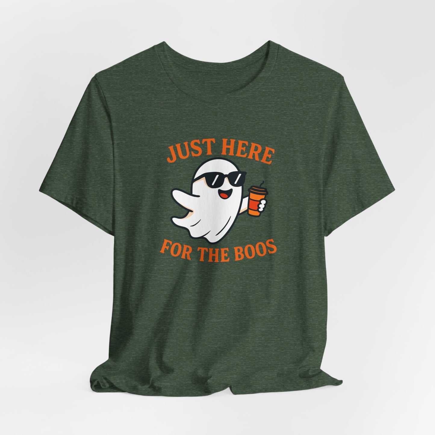 Just Here for the Boos Halloween Shirt – Funny Ghost Drinking Coffee Graphic Tee for Spooky Season