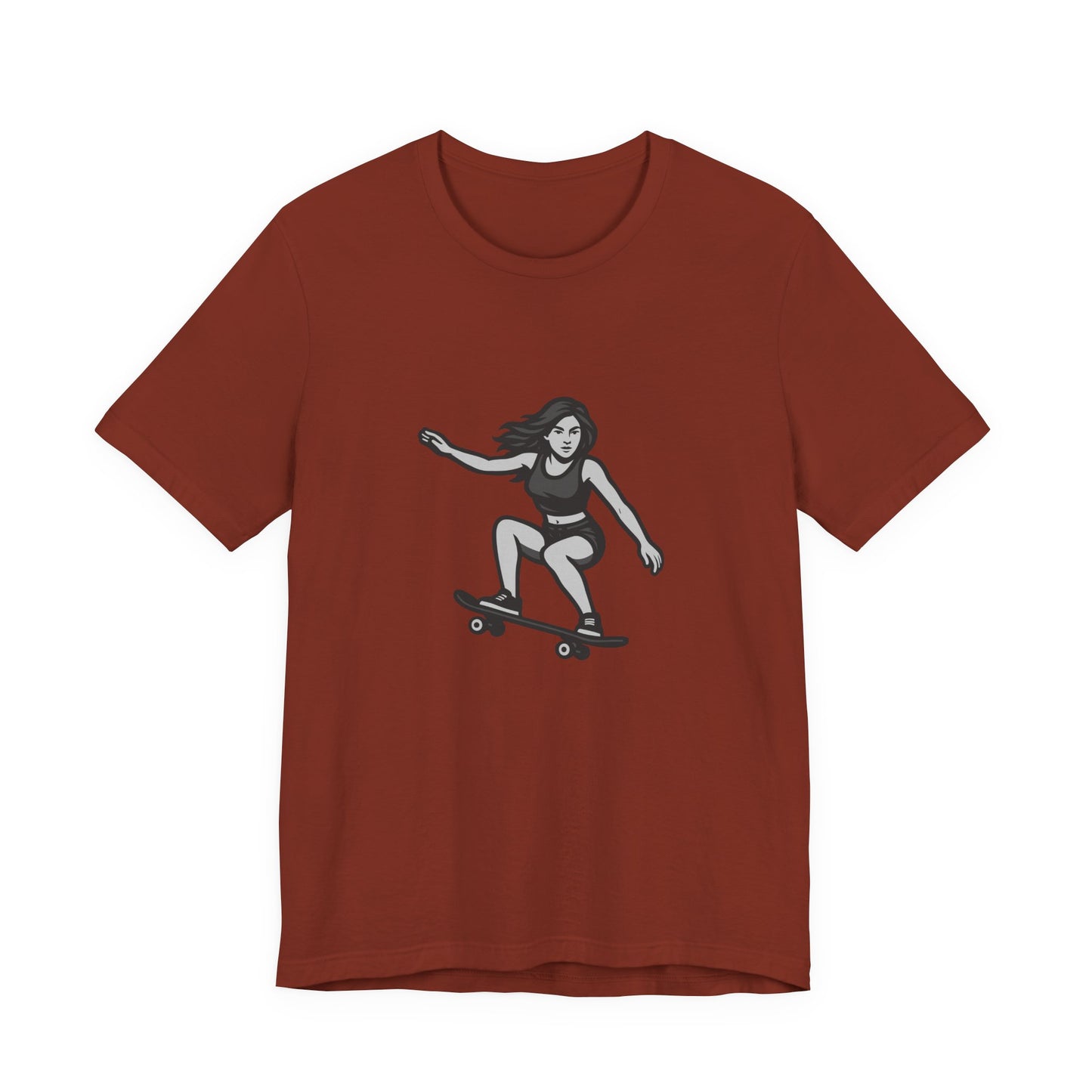 Skater Girl Graphic T-Shirt – Dark Theme Grayscale Skateboarding Design on Black Tee with Bold Motion and Modern Ghost Effect. Unisex Jersey Short Sleeve Tee