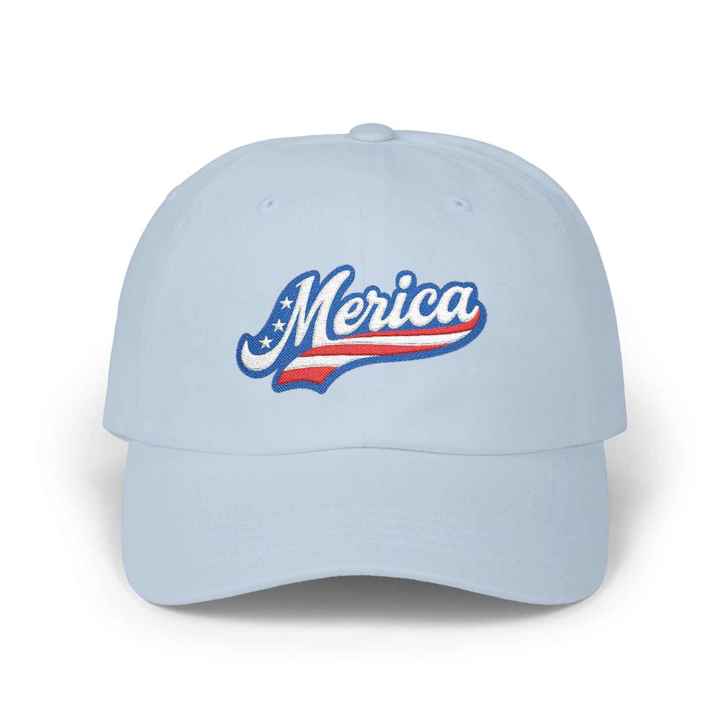 MERICA Embroidered Classic Dad Hat – Patriotic USA Hat with Bold Stars and Stripes Script Design for 4th of July and American Pride